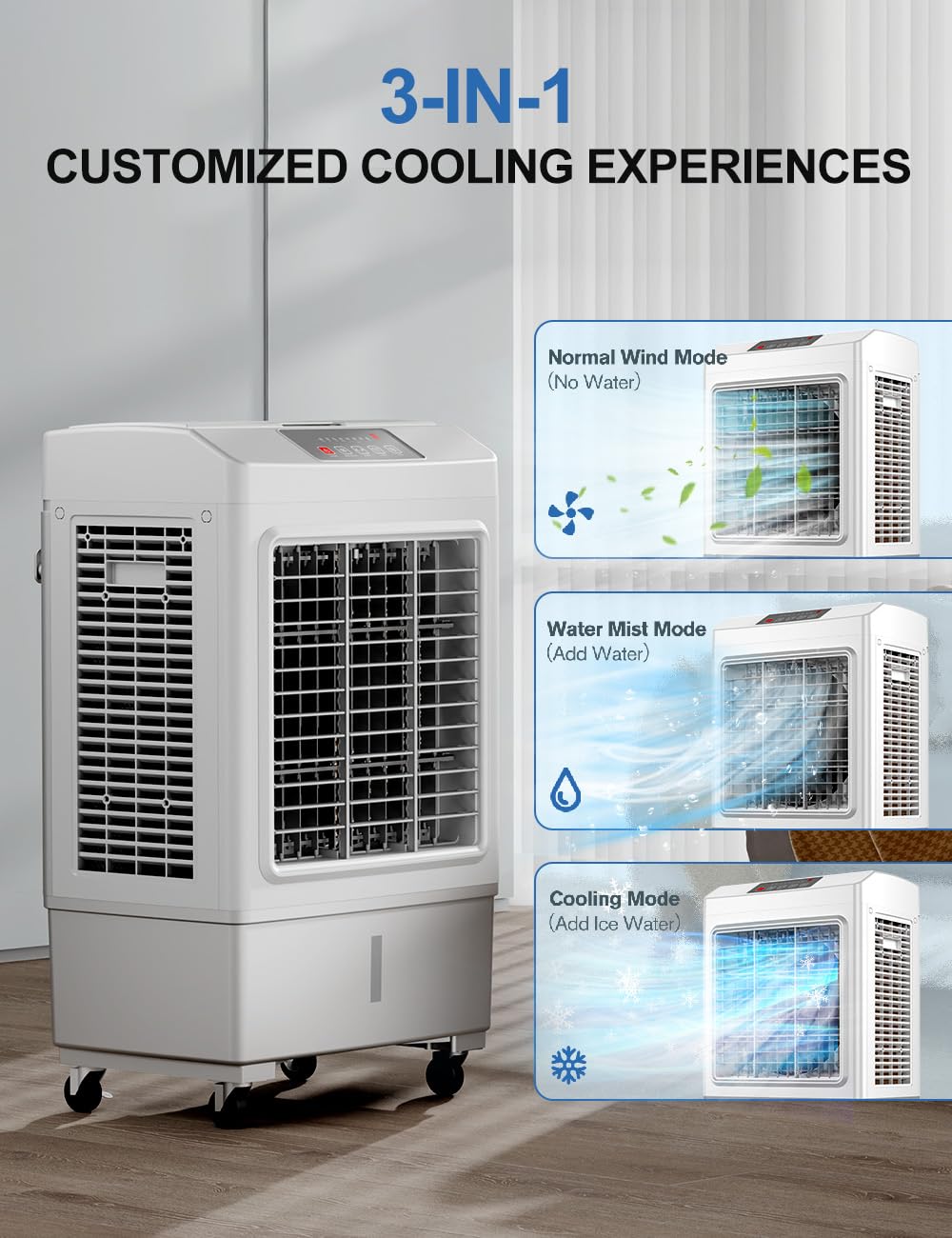 Large Swamp Cooler Air Conditioner, 3 Speeds&3 Ice Boxes, Portable Cooling Fan for Garage Outdoor Indoor Large