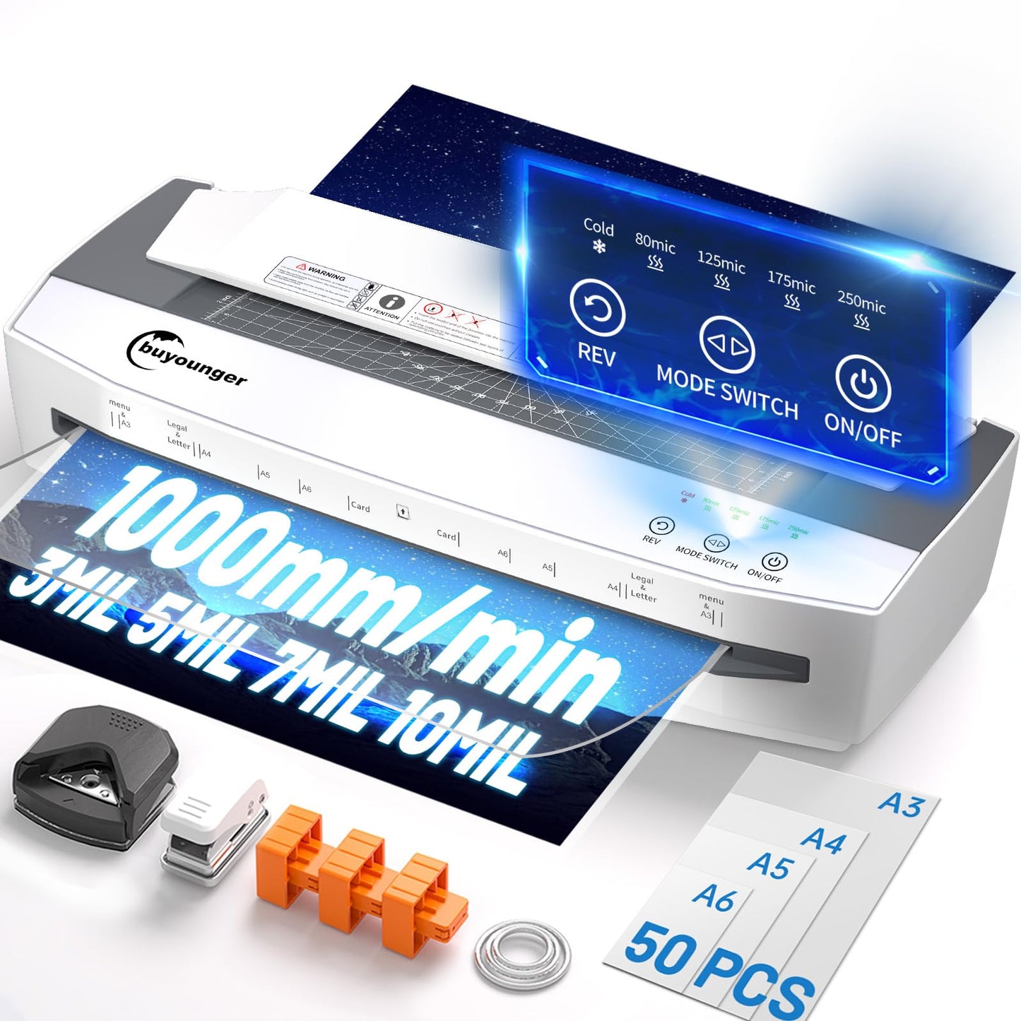 Buyounger 3-10 Mil Laminator Machine, 4-Roller Commercial Laminator Machine with 50 Laminating Sheets, 13 Inch Laminating Machine 11X17 with 1000mm/min Speed & REV Jam-Free for Office School Home