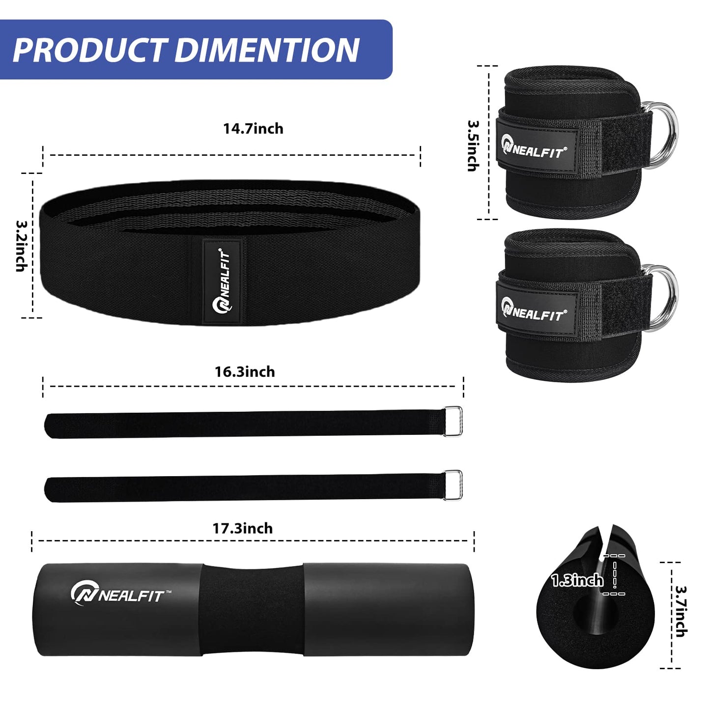 NEALFIT Barbell Pad Set for Squats, Lunges and Hip Thrusts, Neck & Shoulder Protective Pad, Standard Olympic Bars with 2 Gym Ankle Straps, Hip Resistance Band, Barbell Pad, Carry Bag (Black)