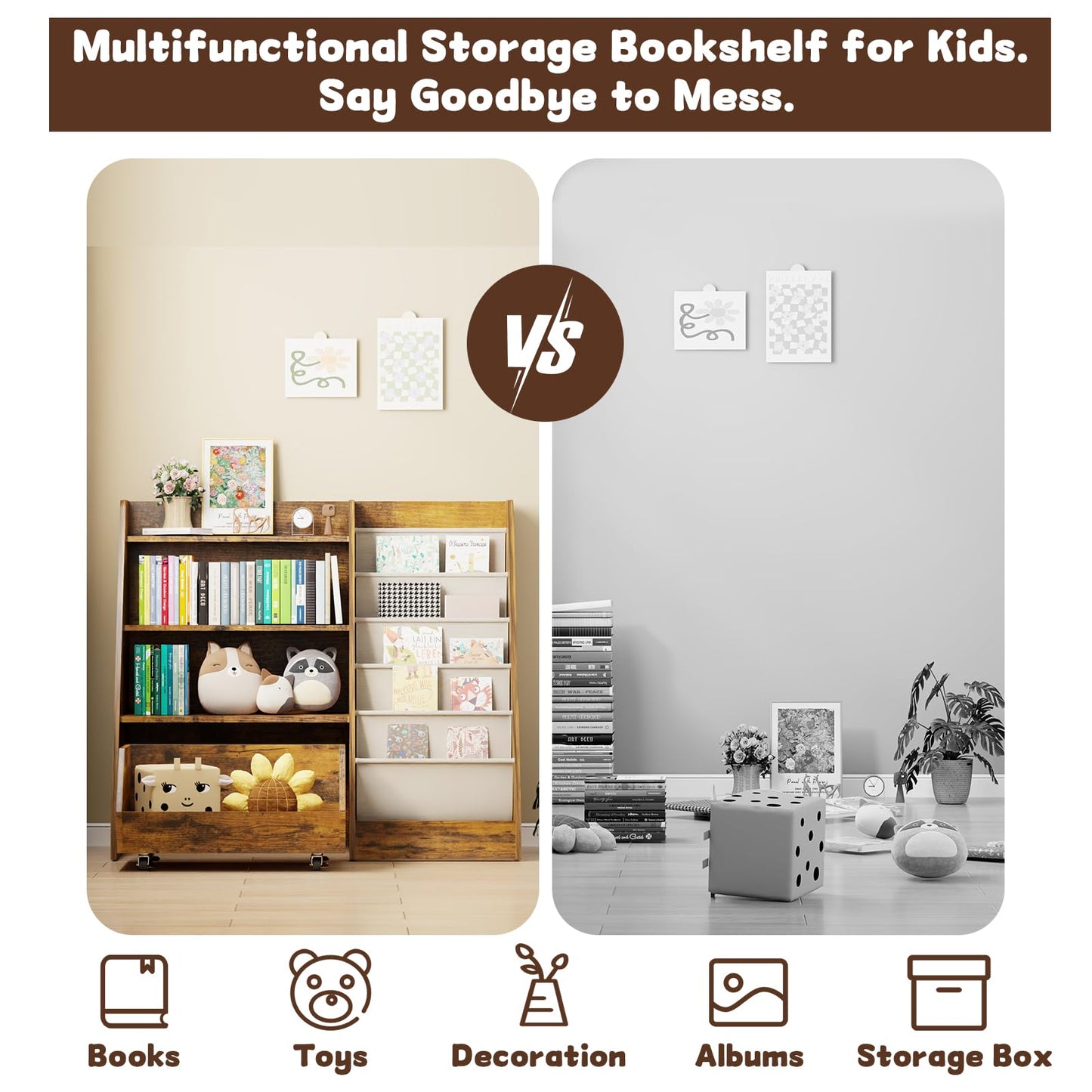 COZPAW Kids Bookshelf and Toy Storage, 4 Tier Toddler Bookshelf with Movable Drawer (Brown)