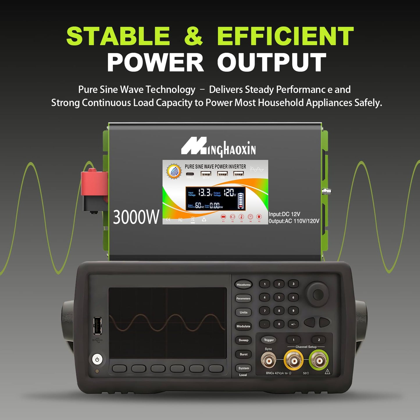 3000W Pure Sine Wave Power Inverter 12V to 110V/120V for RV,Truck, Solar, Home, Off-Grid, Car with 4 AC Outlets,LCD Display,Remote Control, 30W USB-C, 5V 2.1A USB, Surge 6000W