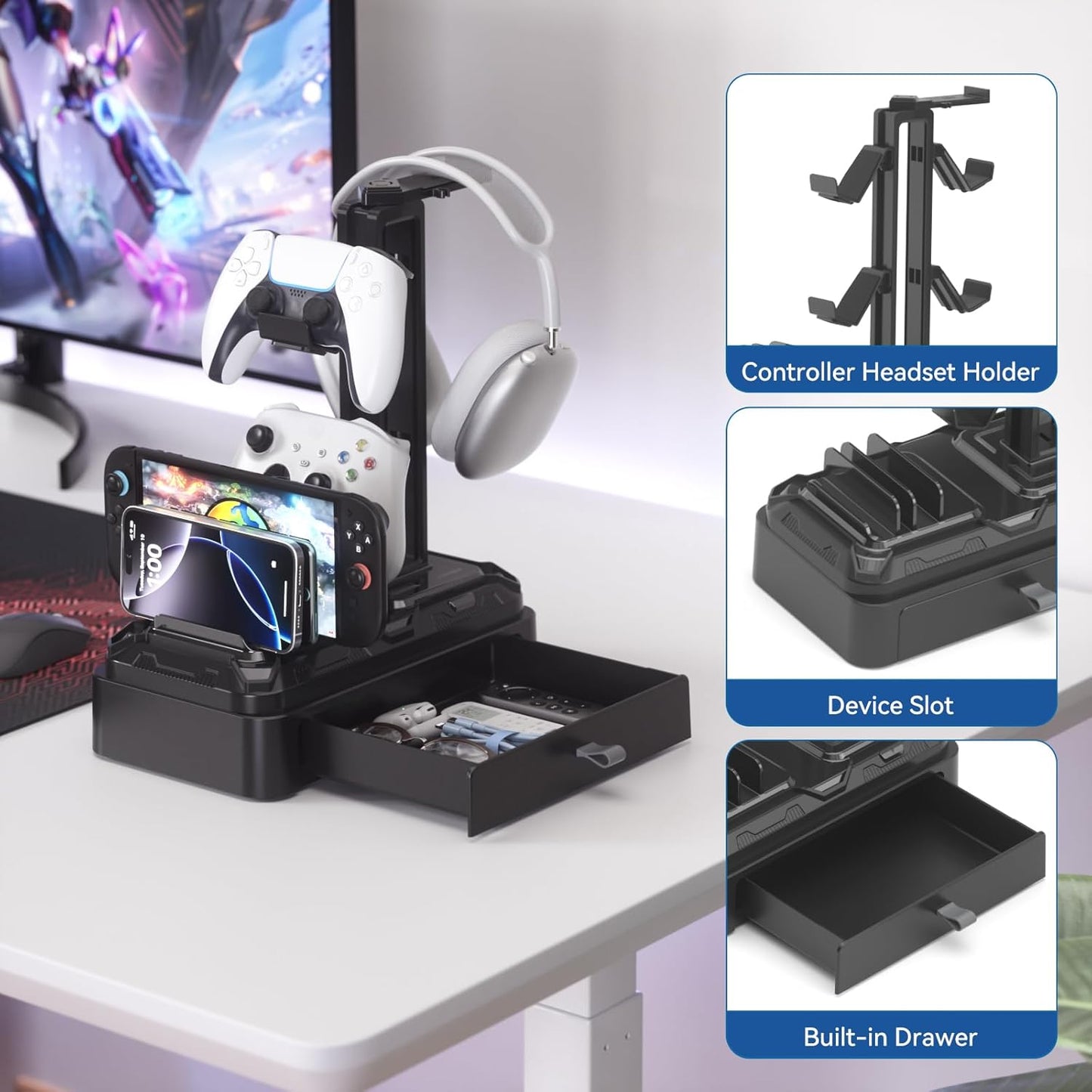 KDD Headset Headphone Stand with Drawer - Rotatable & Detachable Controller Holder for Desk - Multifunctional Organizer
