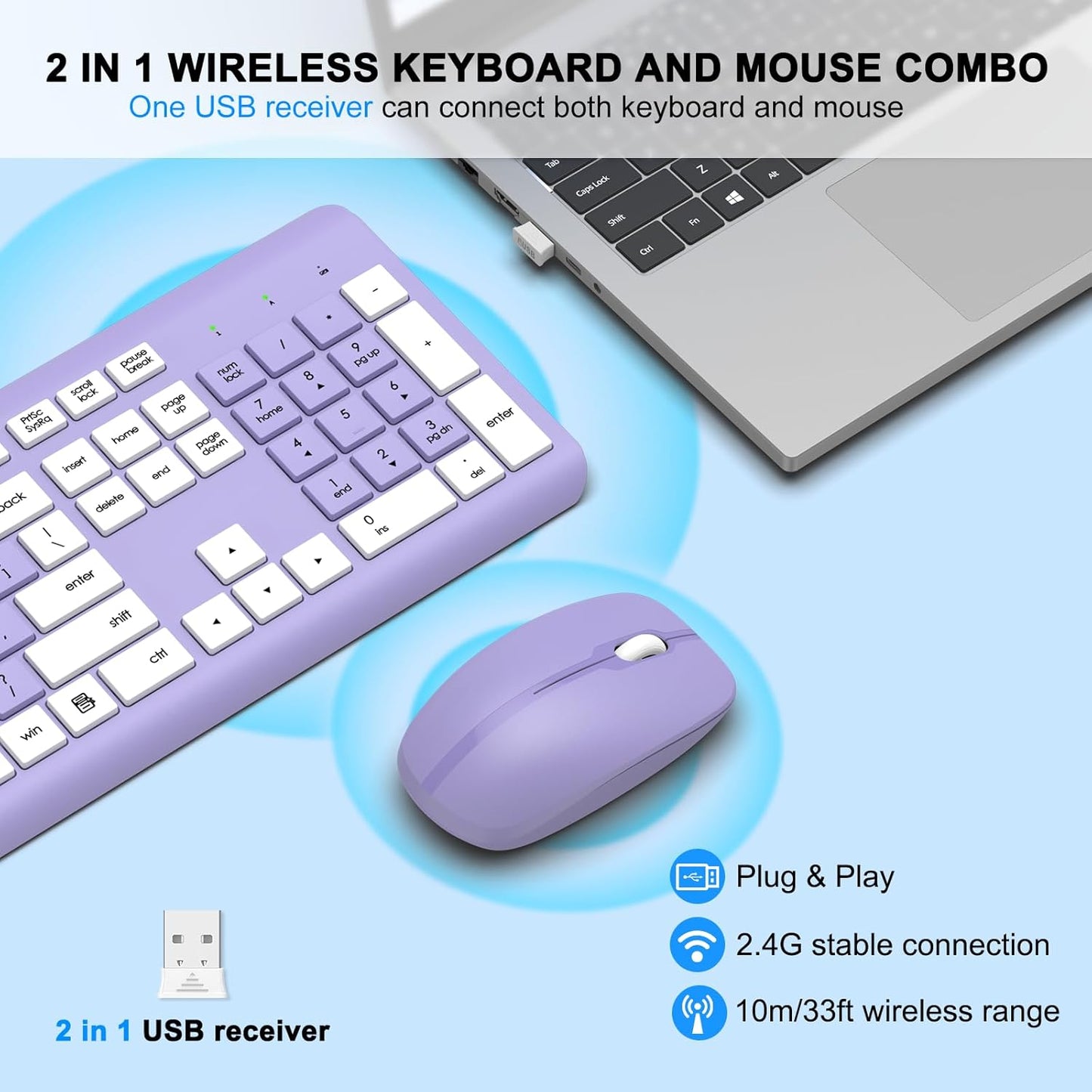 EDJO 2.4G Wireless Keyboard and Mouse Combo, Full-Size Silent Ergonomic Keyboard and Optical Mouse, Long Battery Life