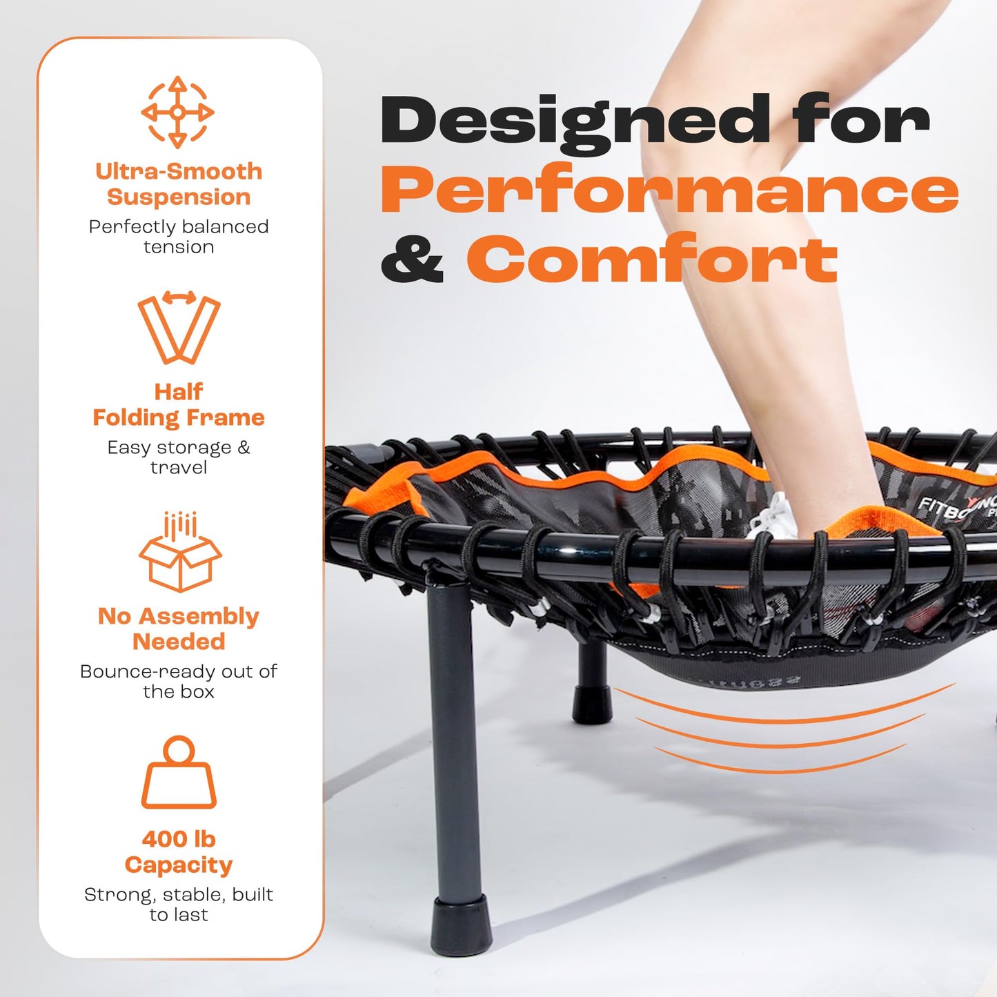 MXL FIT Bounce PRO Bungee Rebounder with T-Bar Handle - Premium Indoor Mini Trampoline for Adults, Silent Low-Impact Bounce, Half-Folding with Foldable Steel Legs & Carry Bag - 40 in, 400lb