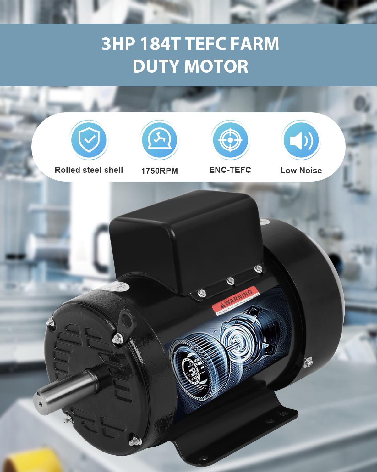 Electric Motor 3HP, 1750RPM Farm Duty Motor, Single Phase Motor 4 Pole 1-1/8"Shaft Diameter 184T CW/CCW TEFC IP55 60HZ