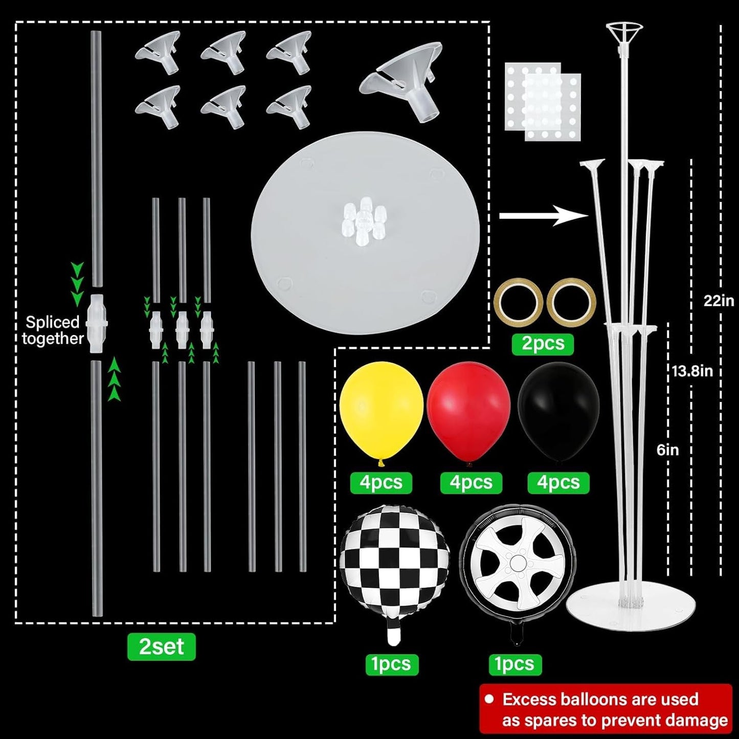 Skiennix Race Car Party Balloons Kit - 2 Sets with Checkered Foil Balloons | Red, Black, Yellow Decor for Boys' Birthday Parties