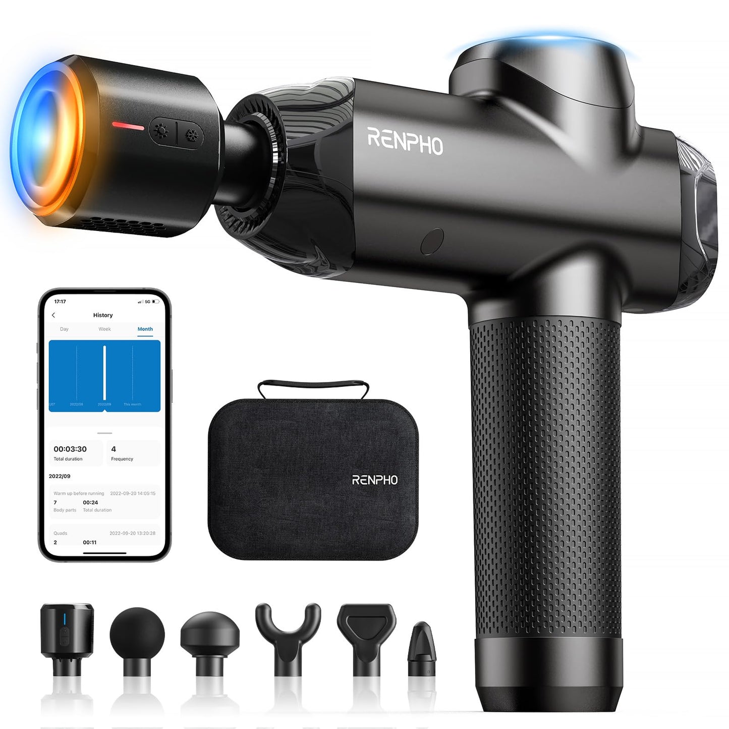 RENPHO Power+ Thermacool Massage Gun with Heat and Cold, Fathers Day Dad Gifts, 12mm Amplitude Deep Tissue Percussion Massager for Professional Athletes, App Controlled Guided Courses, 6 Speeds