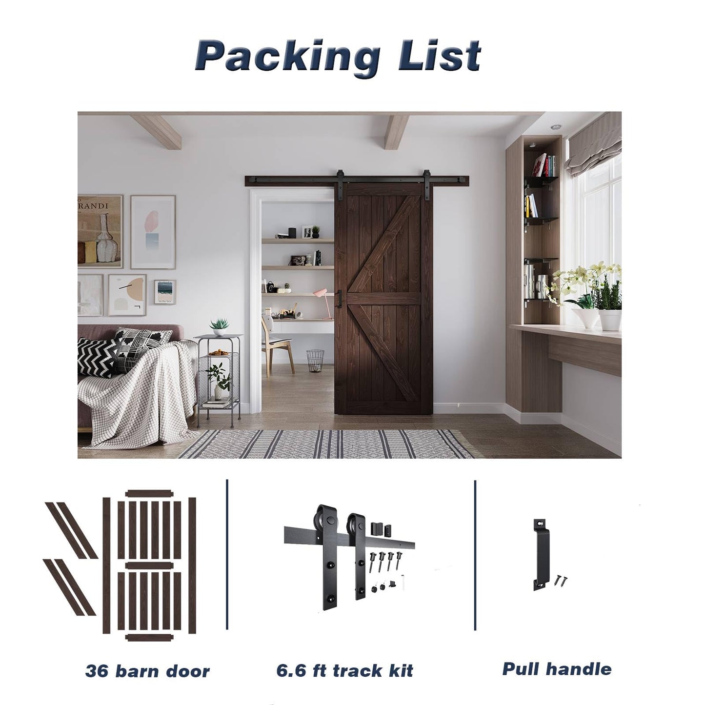 FREDBECK 36in x 80in Brown Barn Door with 6.6ft (79inch) Barn Door Hardware Track Kit and Handle Included, Double Surfaces,Simple Assembly is Required,K-Frame,Coffee