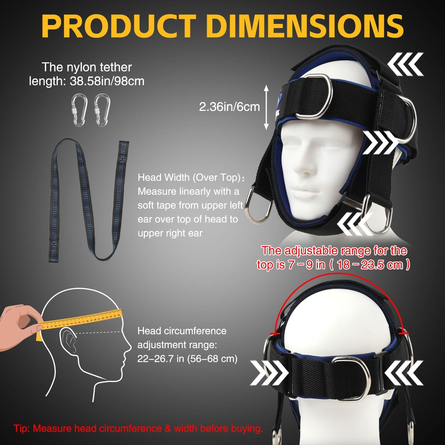 Fitness Neck Head Harness Trainer, Adjustable Chin Strap and Head Harness Strength with Nylon Tether, Neoprene Neck Exerciser for Weight Lifting, Home and Gym Use, Black