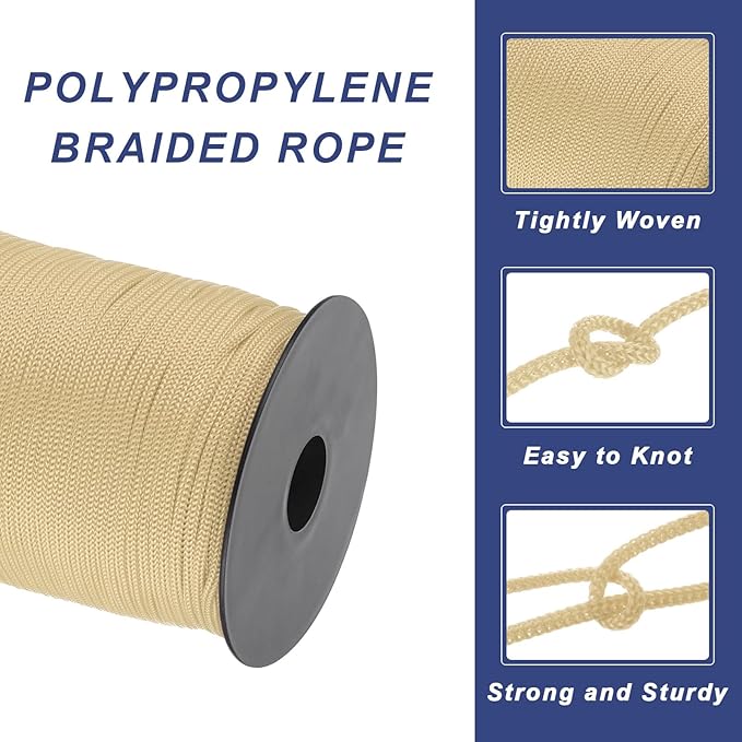 MECCANIXITY 1/8 Inch Polypropylene Rope Braided Ropes, 328ft Nylon Rope Hollow Utility Cord for Clothesline, Camping, Hiking, Outdoor, Khaki