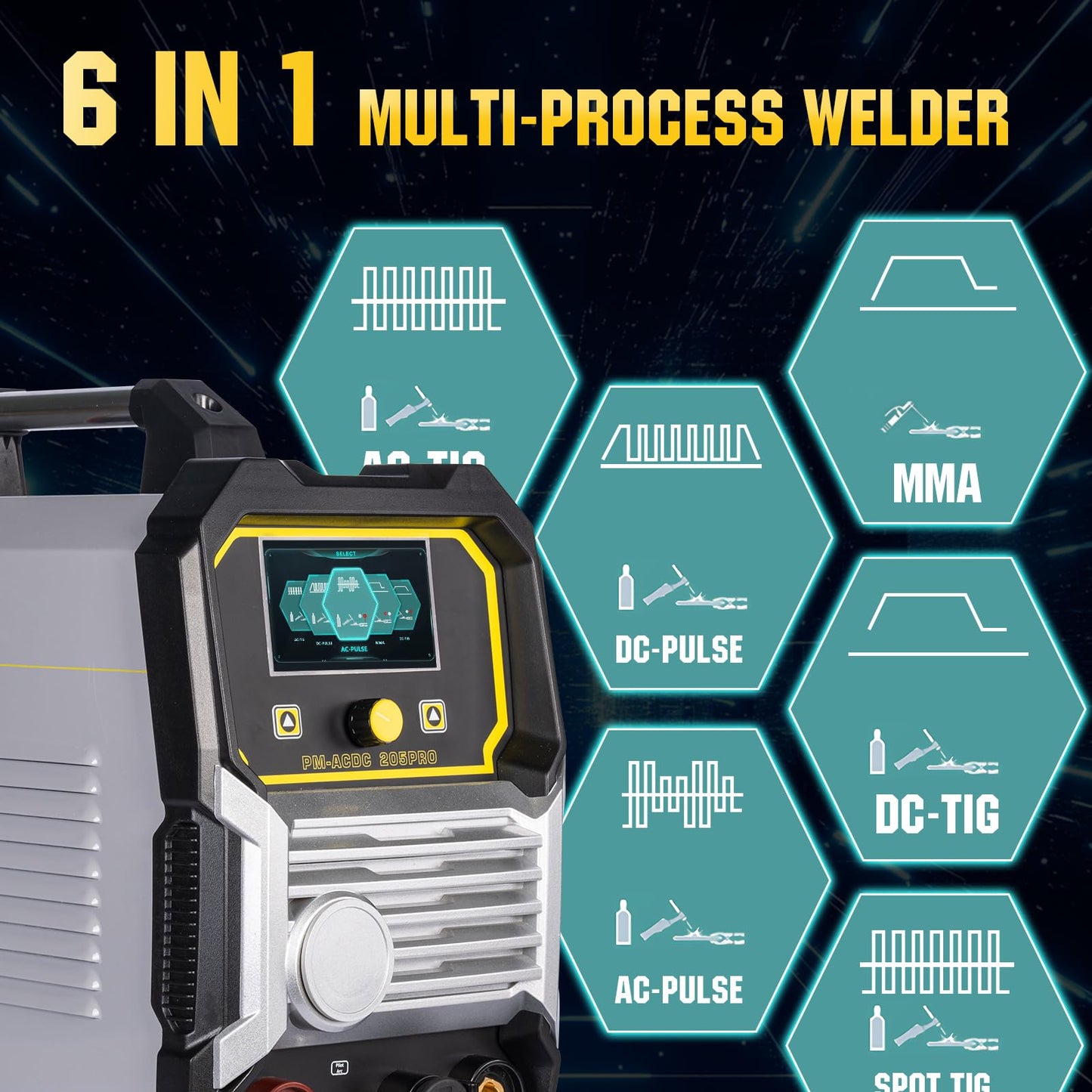 PUWU 205Amp AC/DC Aluminum TIG Welder, 6-in-1 Multiprocess Welding Machine, AC TIG/DC TIG/AC Pulse/DC Pulse/MMA/STICK/SPOT TIG,110V/220V Dual Voltage, Square/Triangular Wave ACDC Welder Machine