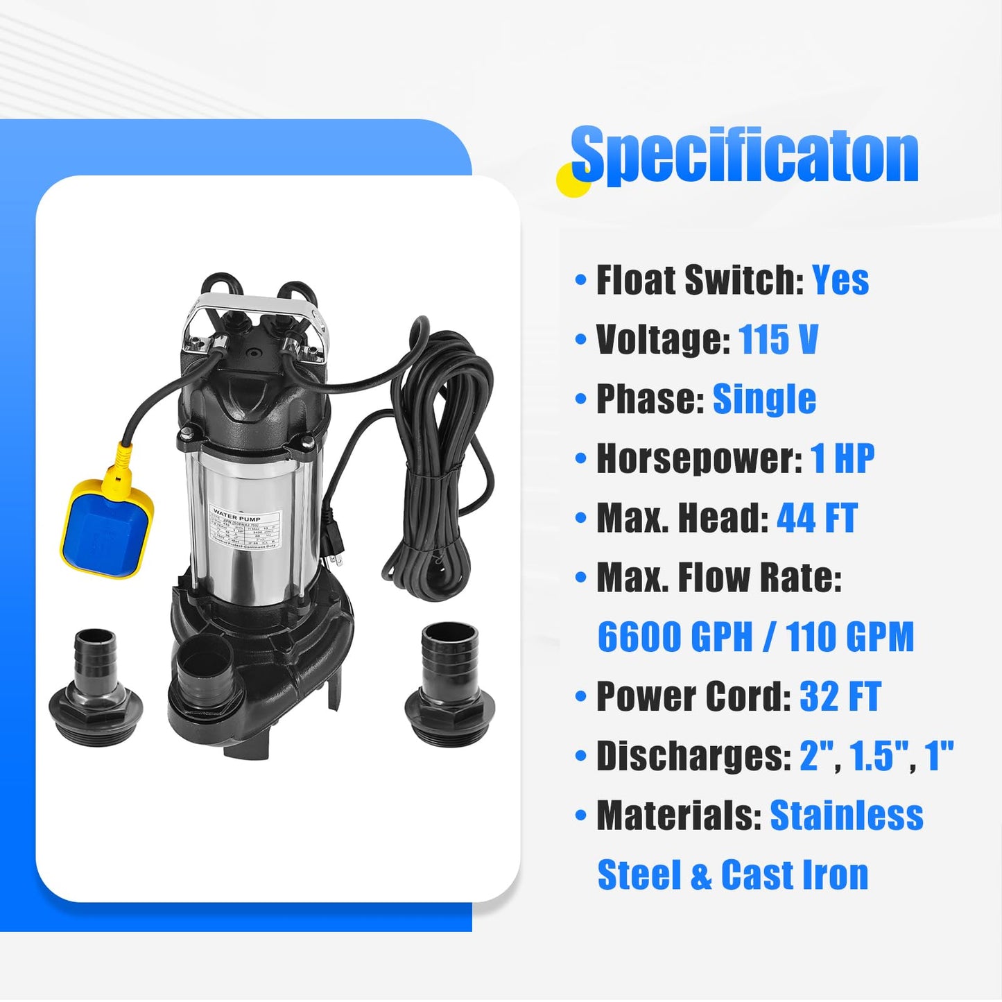 115V 1 HP 50PN2.75S 8PN Submersible Pump with Auto Float Switch 8-PN 6600GPH 110GPM Dewatering Sewage Sump Pump Stainless Steel w/ 2" 1.5" 1" Discharges 50PNA2.75S