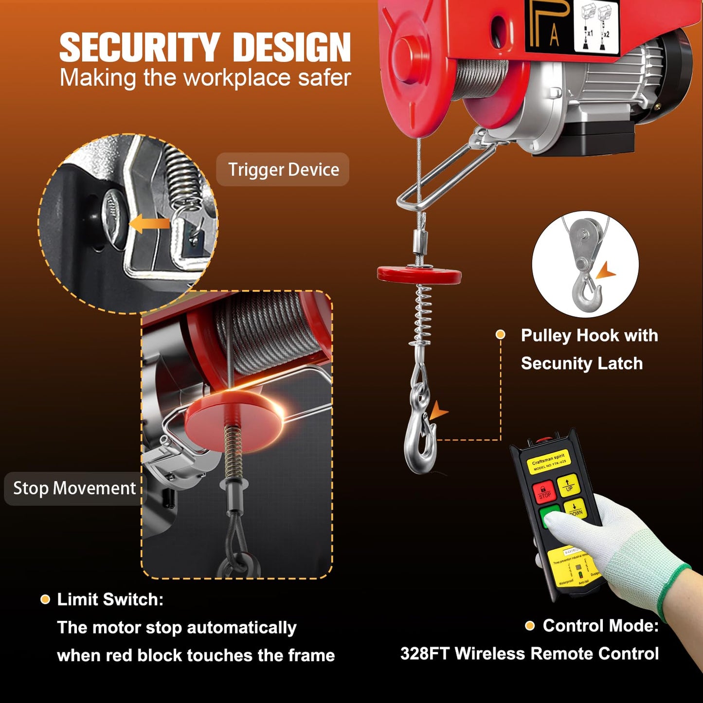 Electric Hoist with Wireless Remote Control, 1320LBS Electric Hoist with Emergency Stop,39.4ft/20ft Lifting Height Motor, 110V Electric Lift for Factories,Warehouses