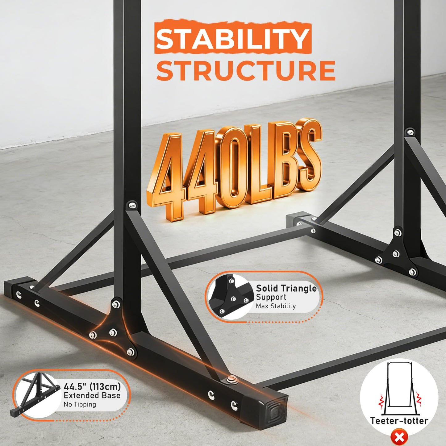 Power Tower Pull Up Bar Station - 440LBS Heavy Duty Home Gym Equipment - Adjustable Height (4.2ft-7ft) Free Standing Chin Up Bar with Zero-Wobble Triangular Base for Strength Training & Calisthenics