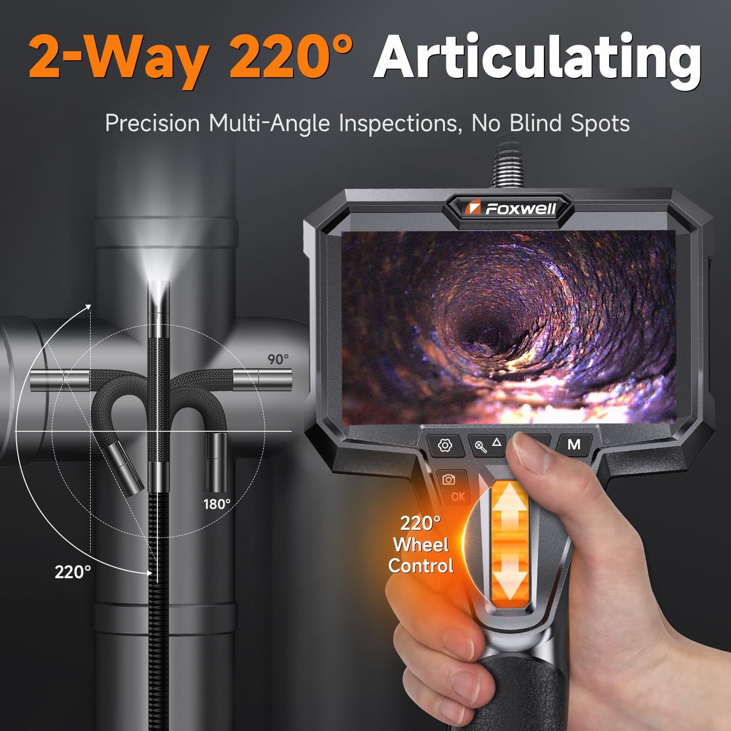 FOXWELL Elite 220° Two-Way Articulating Borescope, 0.24in Ultra-Slim Endoscope Camera with Light, 1920P HD, IP67 Waterproof, 5.3FT Flexible Snake Scope for Automotive Engine Pipe Home Inspection