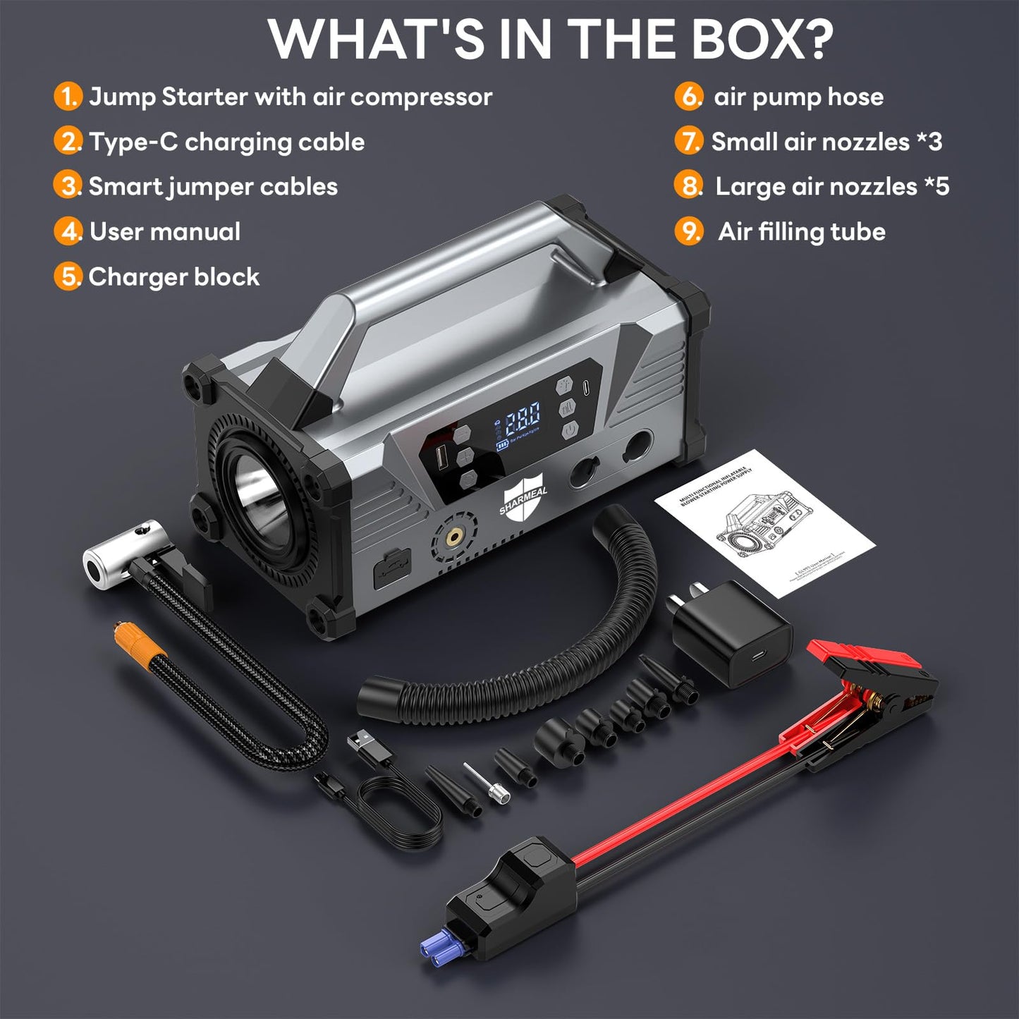 Sharmeal Jump Starter with Air Compressor，9000A Car Battery Jump Starter (All Gas/12.0L Diesel)，200PSI Car Battery Jumper Starter Portable 12V Jump Box with Jumper Cables, LED Light