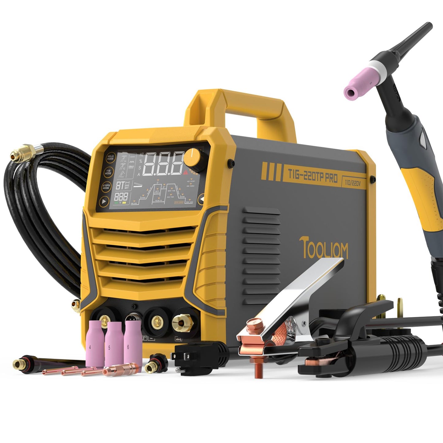 TOOLIOM 220A Cold TIG Welder with DC Pulse, 7 In 1 Cold Spot Lift TIG/Stick Welder with IGBT Inverter, 110&220V Welding Machine with Large Digital Display 2T/4T/4T Repeat Mode TIG Welding Equipment