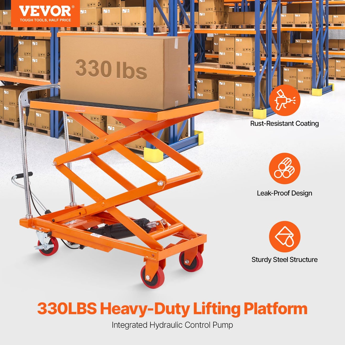 VEVOR Hydraulic Lift Table Cart, 330 lbs Load Capacity, 50-Inch Lifting Height, Manual Single Scissor Lift Table with Non-Slip Pad and 4 Wheels, Orange, Alloy Steel