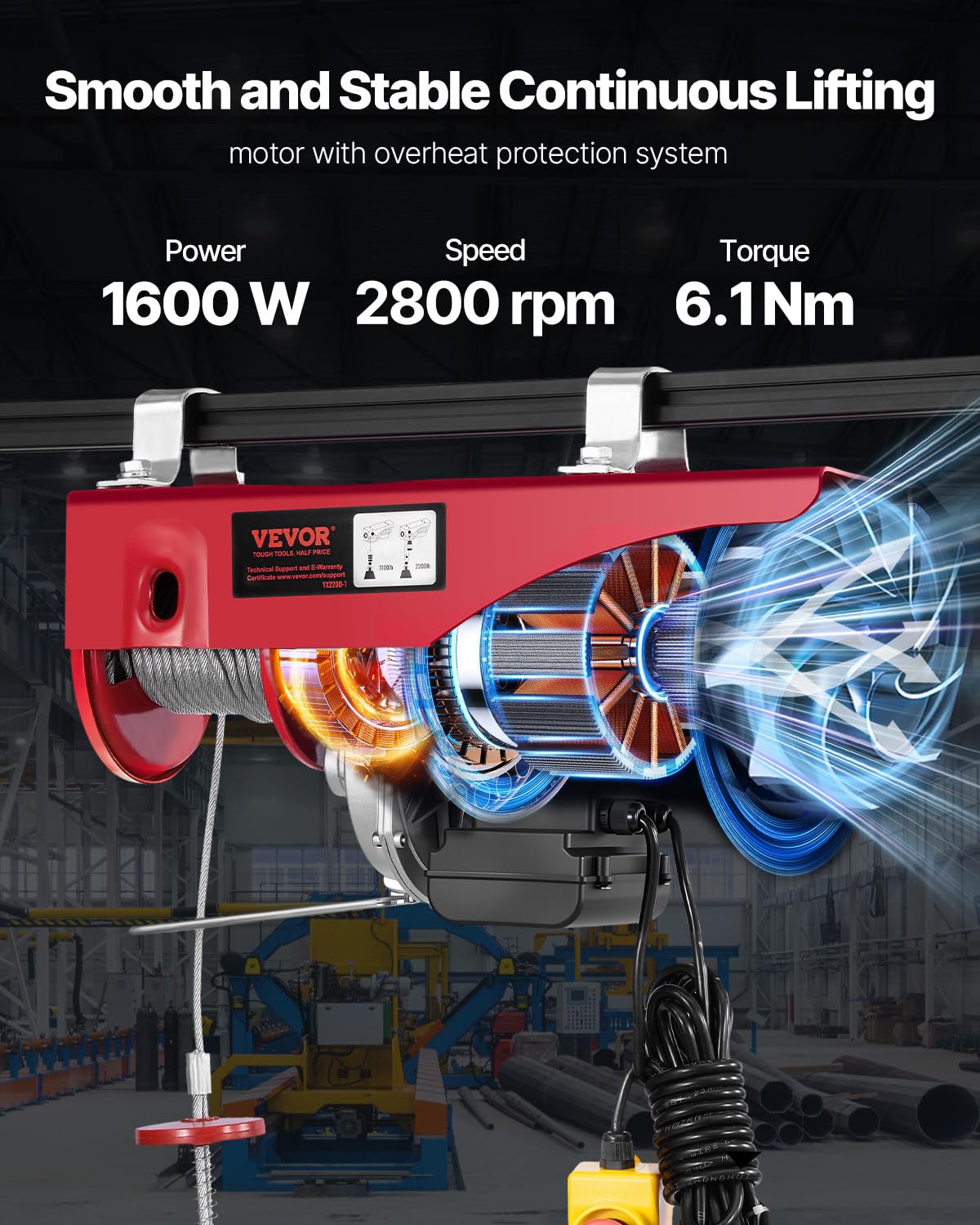 VEVOR 2200lbs Electric Hoist w/14ft Wired Remote Control, 110v Electric Hoist with 40ft Single Cable Lifting Height, for Garage Warehouse Factory Control for Garage, Shop, Hotel, Home