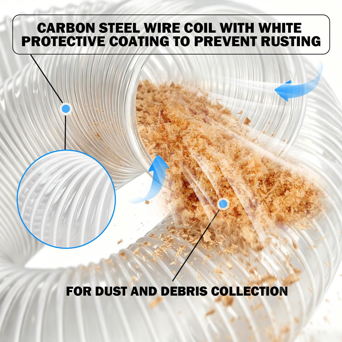 8" x 10FT PVC Dust Collection Hose, Heavy Duty Flexible Dust Collector Hose with Steel Wire Clamps for Woodworking, CNC Machines, Table Saws & Workshop Dust Collection Systems