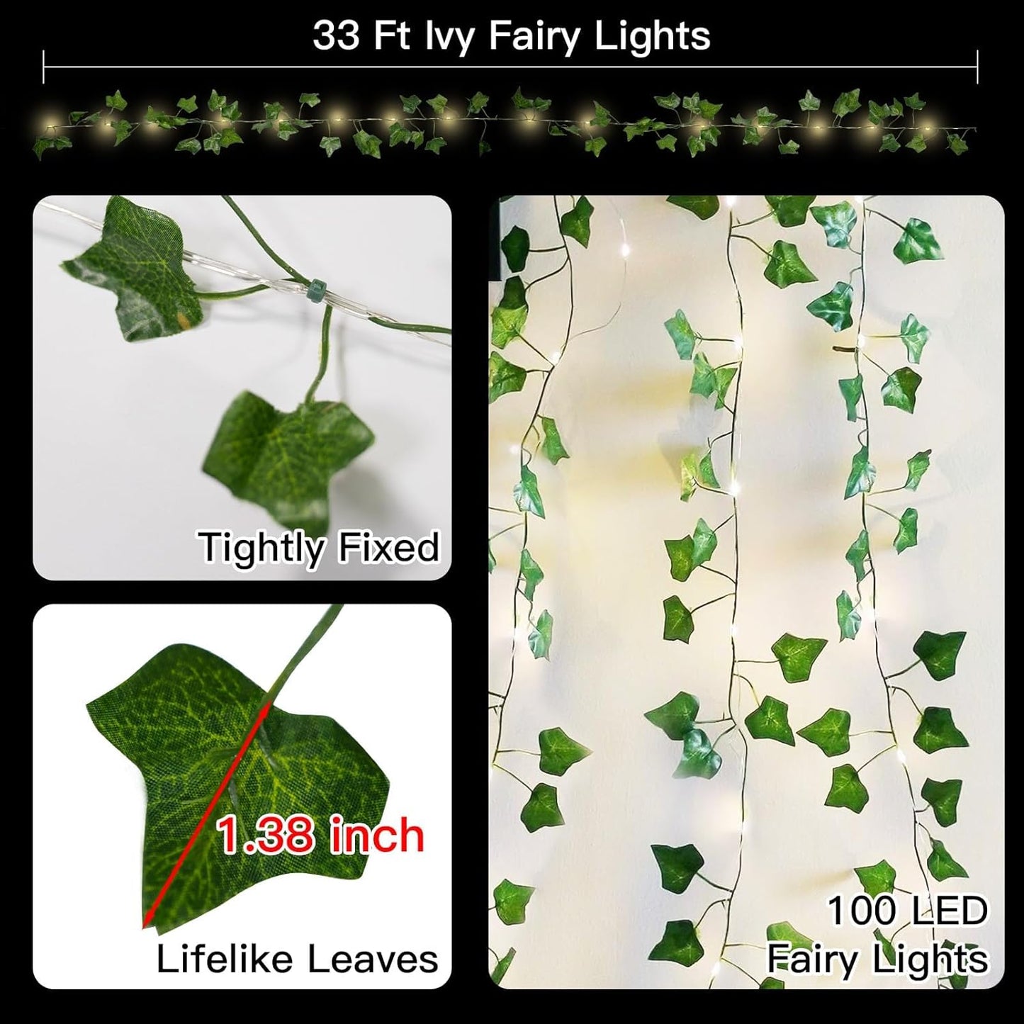 Suddus Ivy String Lights - 33ft 100 LED Battery Operated Fairy Lights with Remote | Warm White for Bedroom, Garden, Party Decor