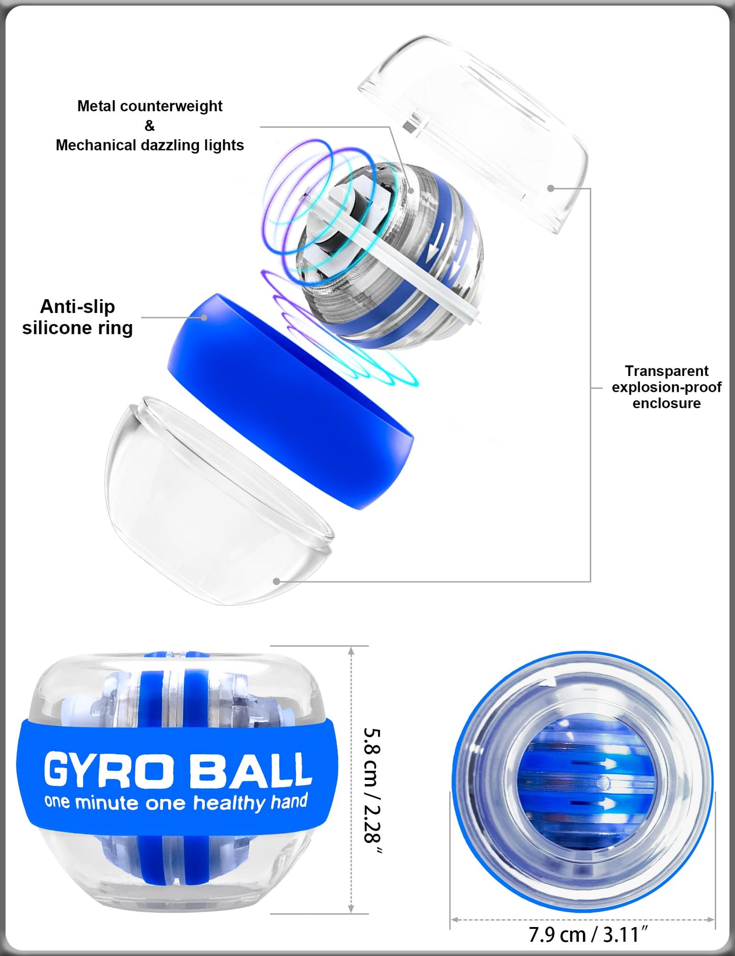 Gyro Wrist Ball with Auto-Start & Color-Changing LED Lights, Wrist Forearm Workout Strengthener, Hand, Finger and Arm Strength Training and Flexibility, Includes wrap-around wristband (Blue)