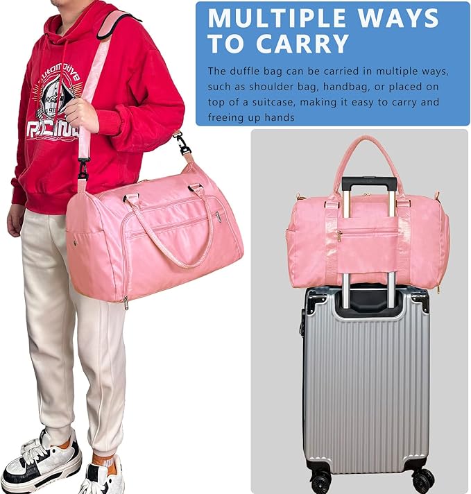 woogwin Small Gym Bag for Men & Women with Shoes & Wet Compartment Waterproof Duffle Bag for Travel Sports Workout Overnight Weekender(17.7'',Pink)