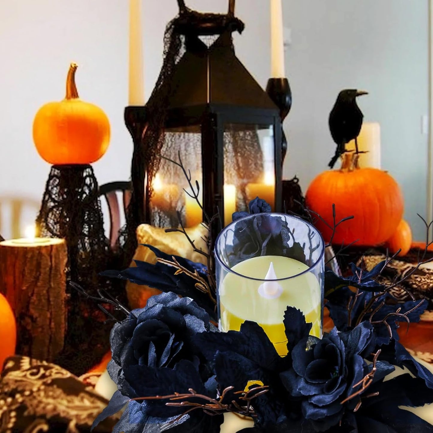 Skiennix Gothic Halloween Wreath - Black Candle Rings & Maple Rose Garland | Perfect for Home Decor