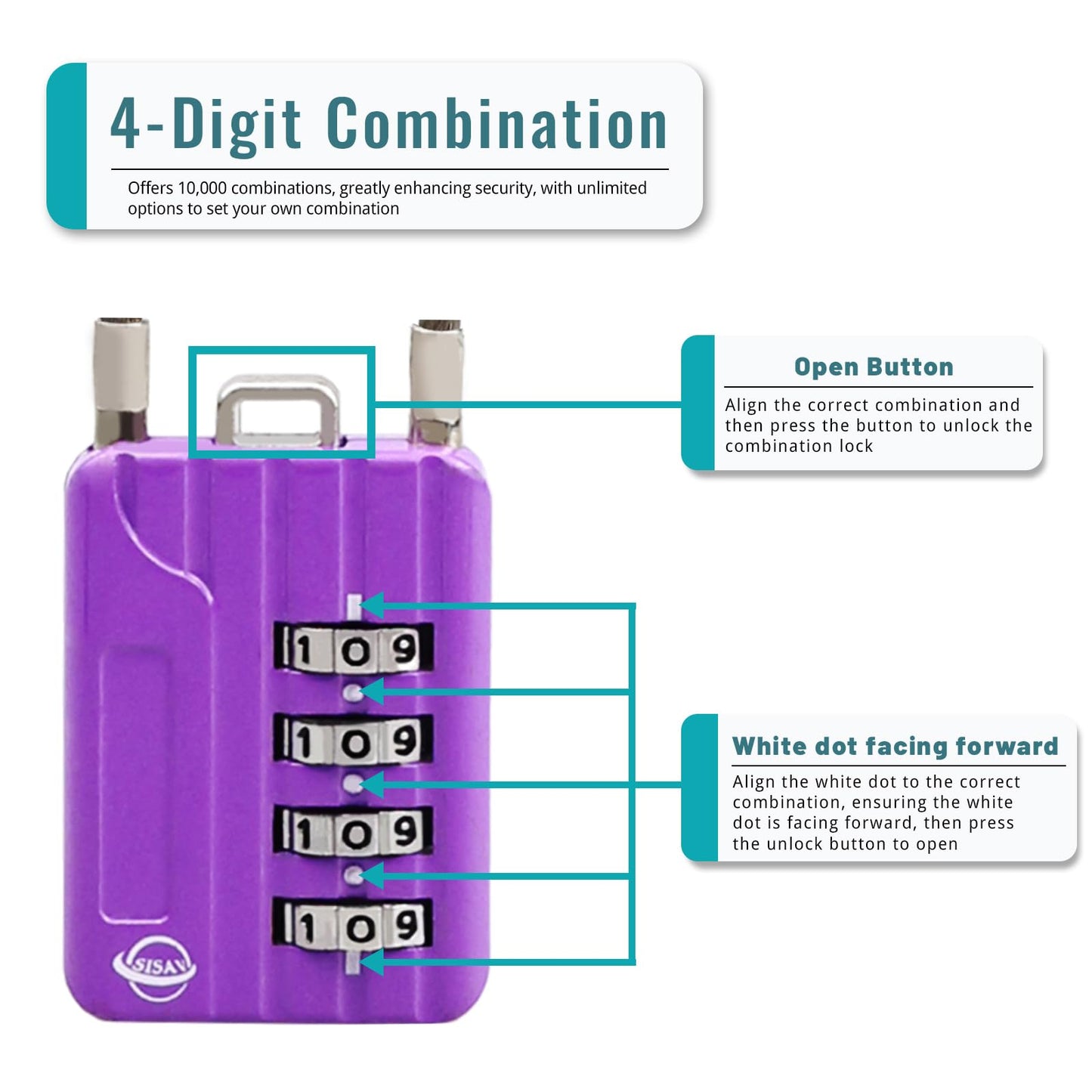 SISAV 4 Digit Cable Combination Locks 4.7 inches Cable for School Gym Locker,Helmet,Filing Cabinets,Toolbox,Luggage Suitcase,knapsack,Cable 3mm Diameter,Purple(2 Pack)