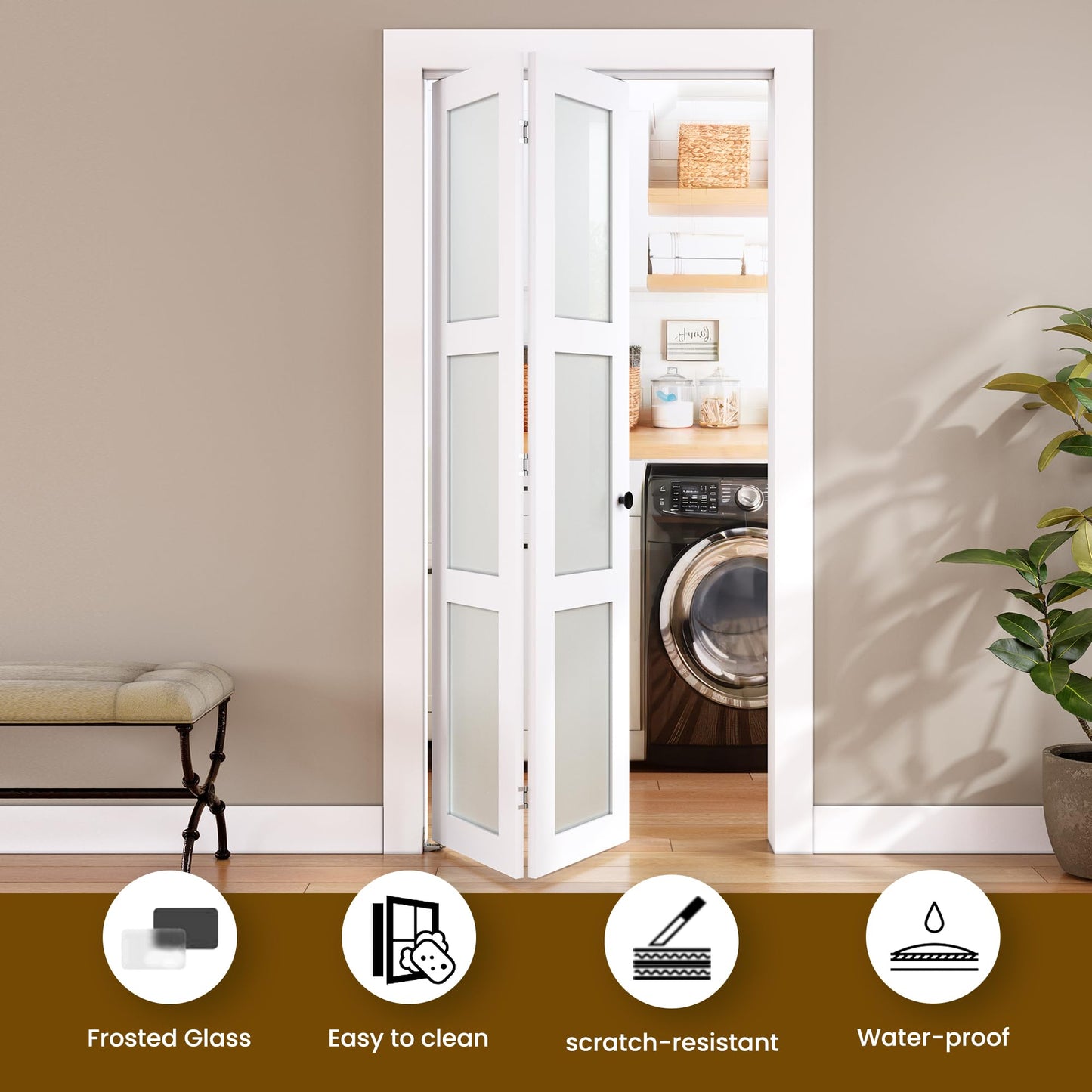 SMARTSTANDARD Bifold Door, for 30"x 80" Opening,Tempered Frosted Glass Closet Folding Barn Door with Hardware Kit, Water-Proof PVC Surface,Easy Install,White