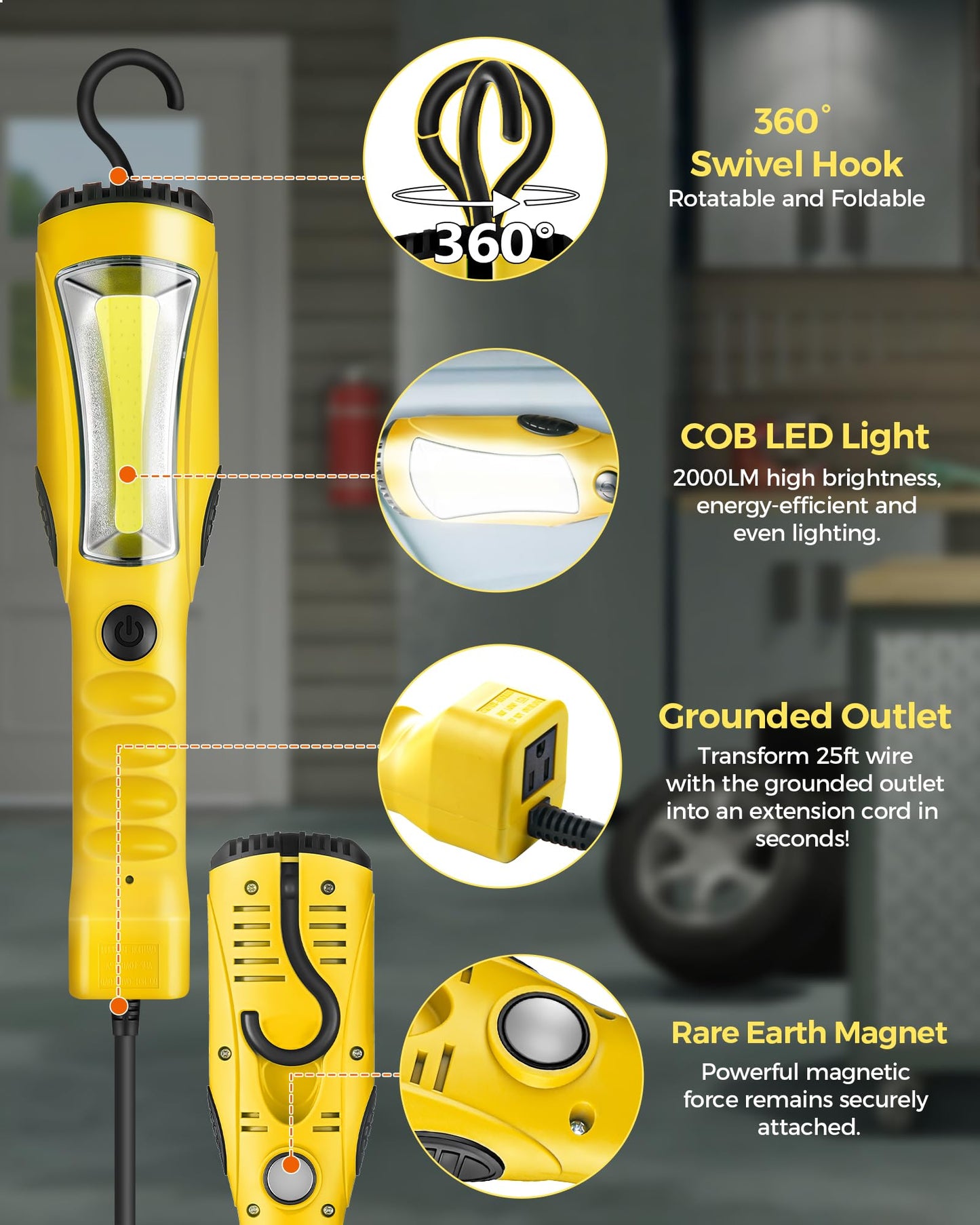 WILAWELS 50 FT 14AWG/3C SJTOW Retractable Extension Cord Reel and 18W 2000LM 25FT LED Work Light Bundle, for Garage, Workshop, Car Repair Scene B50CR06- Y04WL06