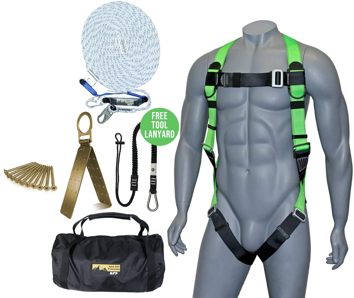 AFP 50FT Fall Protection Roofer Kit Braided Vertical Lifeline w/Rope Grab, 1 D-Ring Safety Harness, Hinged Anchor, Ballistic Nylon Tool Bag, Free Tool Lanyard | OSHA & ANSI Rated