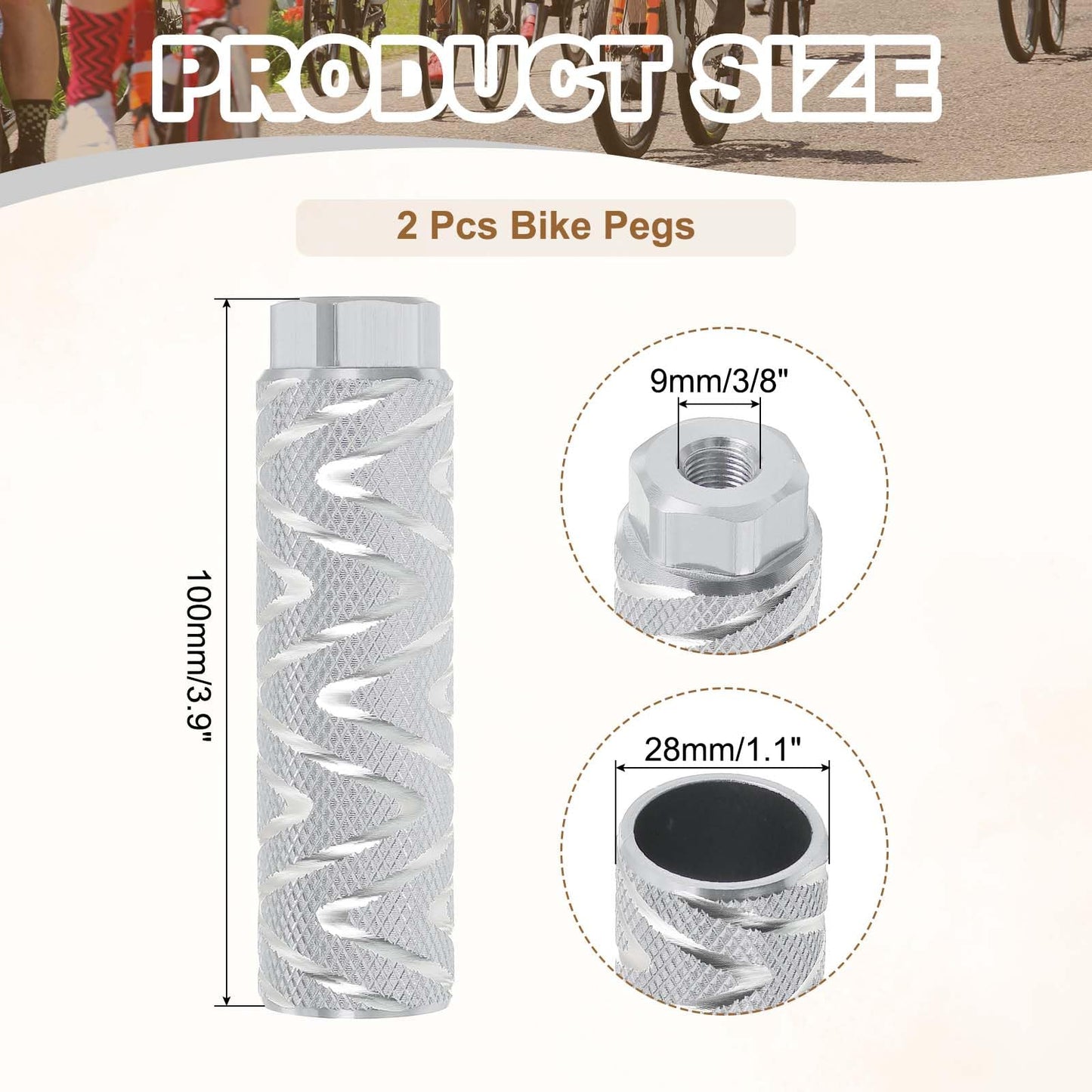 PATIKIL Bike Pegs Fit 3/8 Inch Axles, 2 Pack Aluminum Alloy Anti-Skid Lead Foot Small Bicycle Peg Back Seat Stands with Stripe for BMX Mountain Dirt Bike Cycling Rear, White