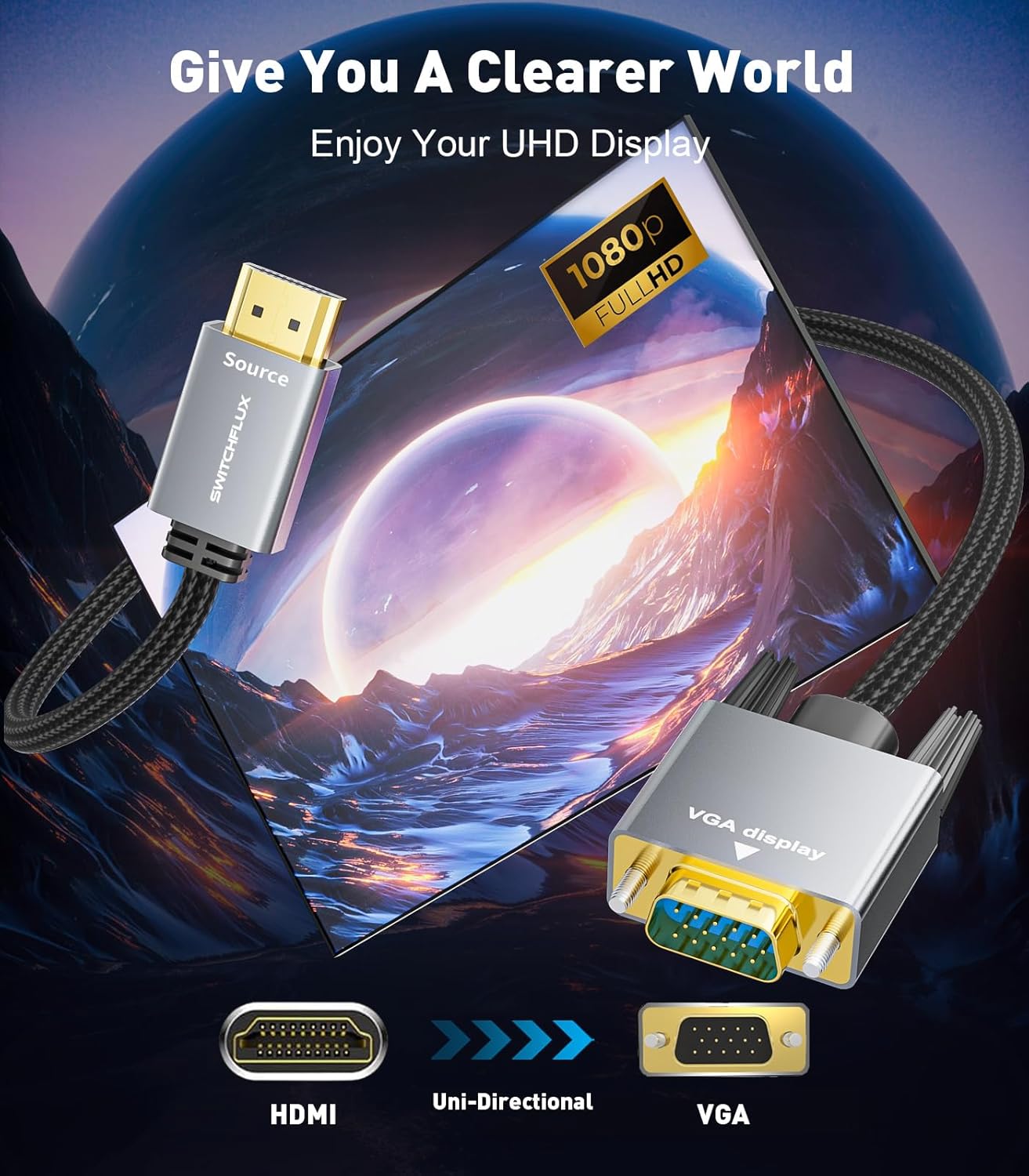 SWITCHFLUX 10FT 1080P@60Hz HDMI to VGA Adapter Cable [Metal Case, Nylon Cable] HDMI Male to VGA Male Uni-Directional
