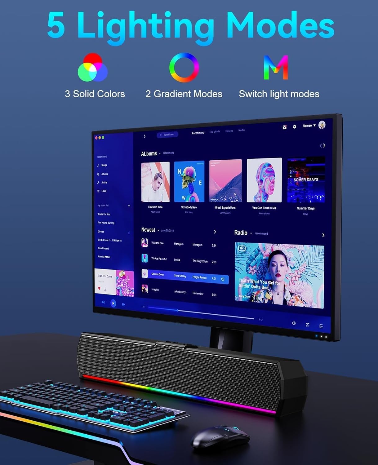 Kunodi USB Computer Speakers for Desktop Monitor, PC Speakers with Stereo Sound, Colorful Light Modes, Plug & Play, USB