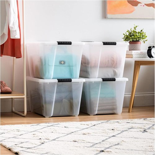 IRIS USA 54 Qt Stackable Plastic Storage Bins - BPA-Free, Durable Nestable Containers, 8 Pack - Clear with Lids