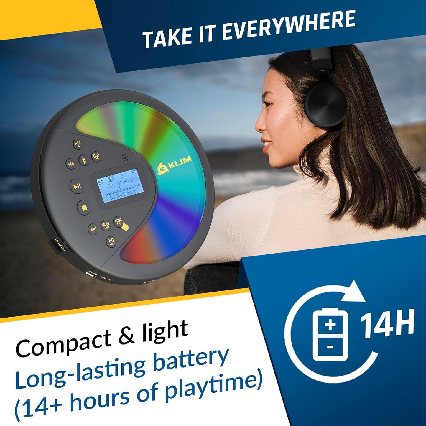 KLIM MP3 Discover with Headphones - Portable CD Player with Long-Lasting Battery - New - Radio FM - Compatible CD