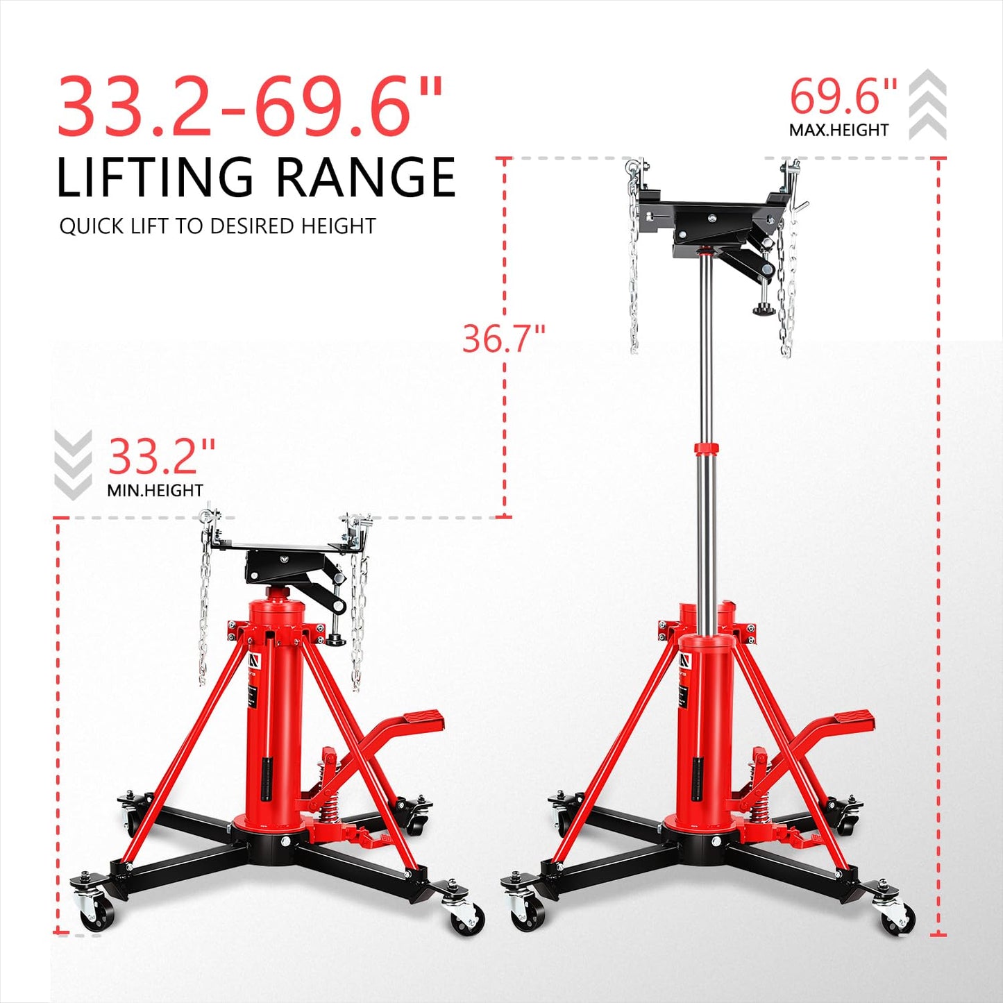 DNA Motoring Hydraulic Transmission Jack - 1 Ton 2204 lbs Capacity High Lift Telescoping Floor Jack Stand,33.2"-69.6" Lifting Range,TOOLS-00319