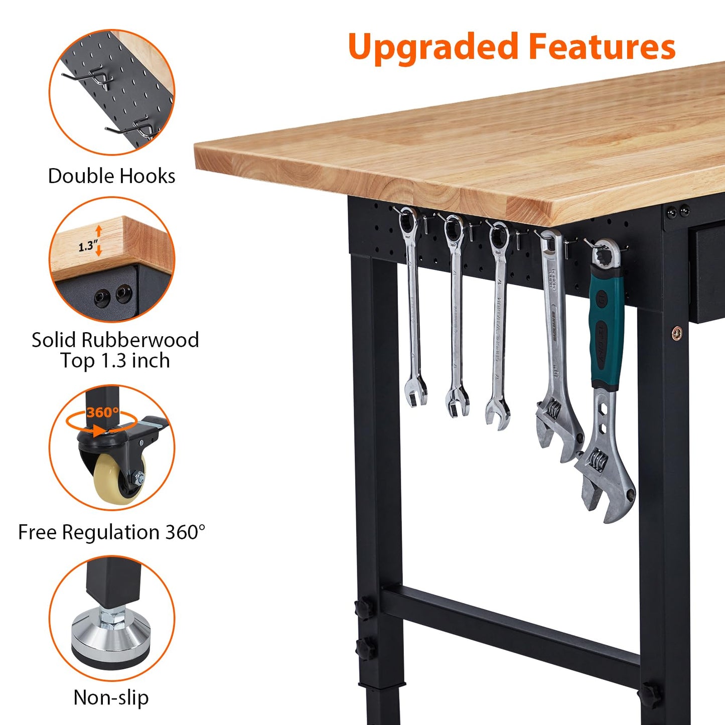 60 x 22 Workbench, Heavy Duty Adjustable Height Worktable with Rubber Wood Top, 2000 LBS Load Capacity, Tool Storage Station with Drawer, Power Outlets and Lockable Wheels, for Warehouse