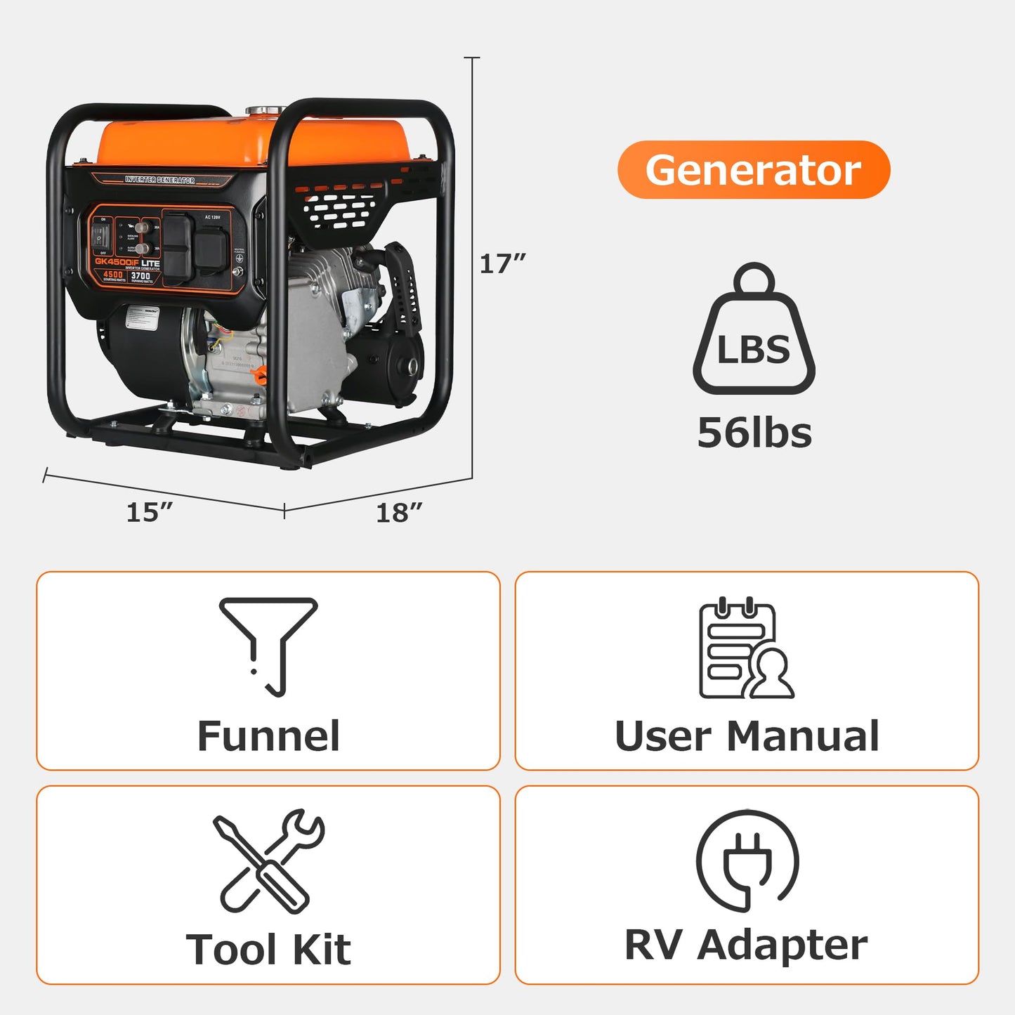 Genkins 4500 Watt Open Frame Inverter Generator 30 Amp Pure Sine Wave Noise Reduced 50% 56lbs EPA complied Gas Powered