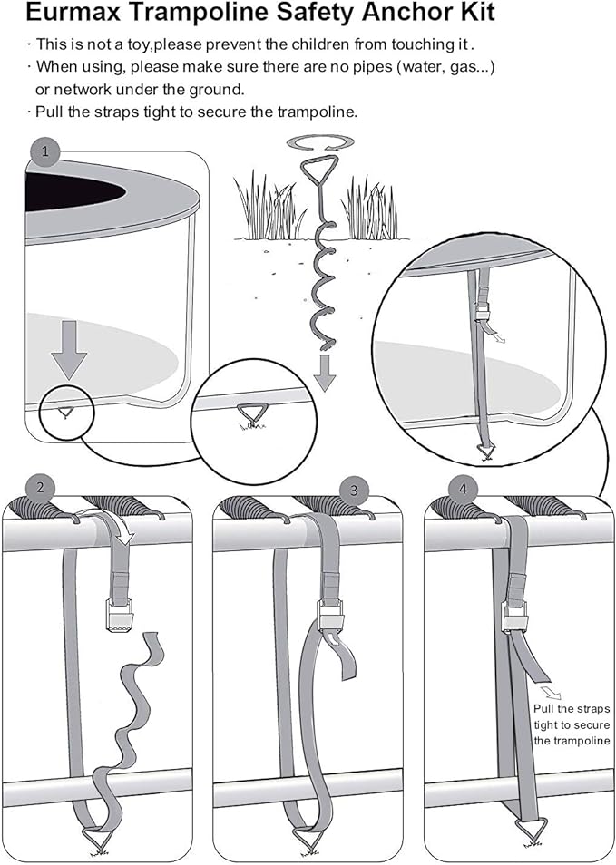 Eurmax USA Trampoline Stakes Heavy Duty Trampoline Parts Corkscrew Shape Steel Stakes Anchor Kit with T Hook for Trampolines -Set of 4 Bonus 4 Strong Belt,Black
