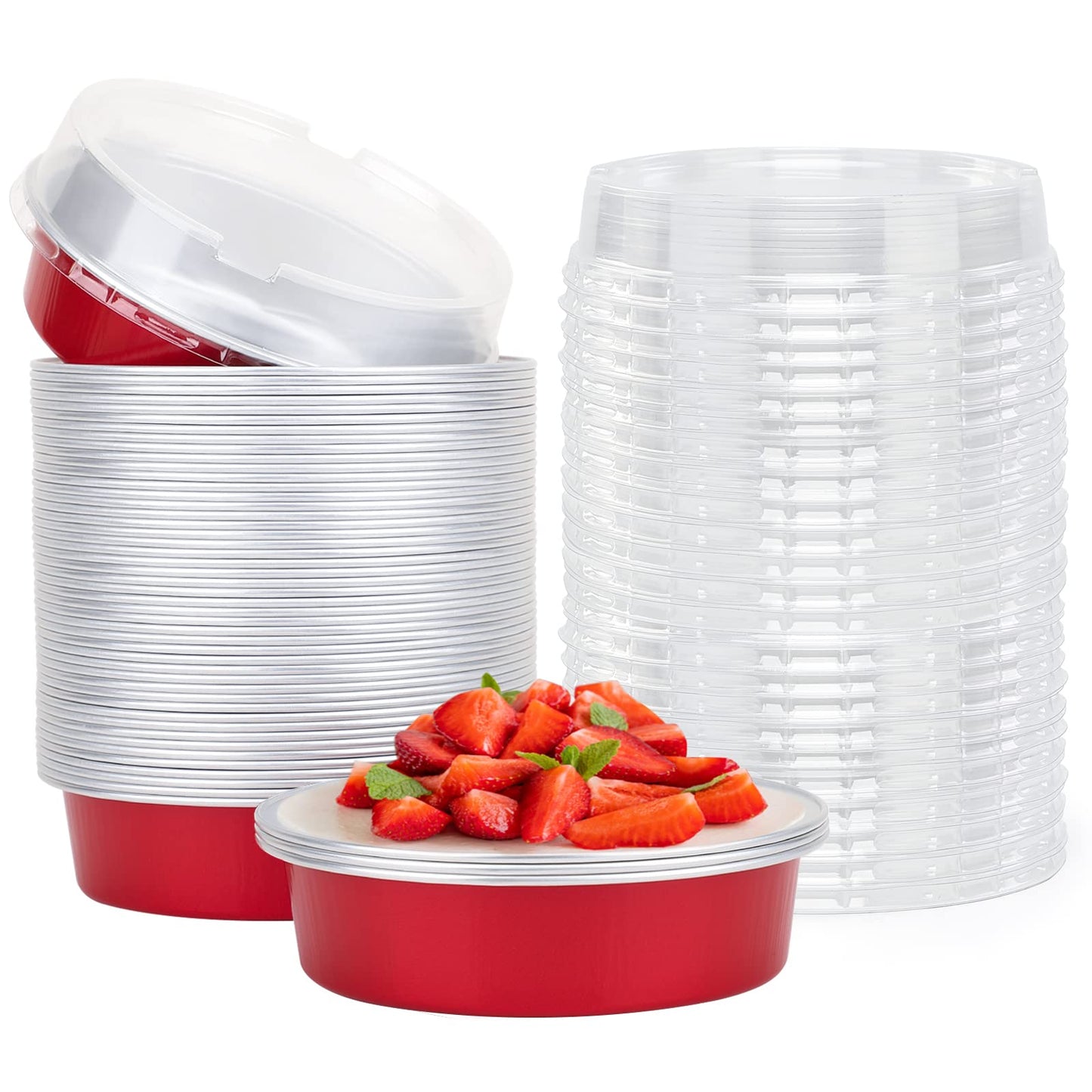 Beasea Disposable Mini Pie Tins with Lids, 50 Pack 4” 8oz Bright Red Aluminum Baking Foil Tins Small Round Tart Container for Individual Dessert Cupcake Muffin Cheesecake Ramekin Quiche Oven Dishes