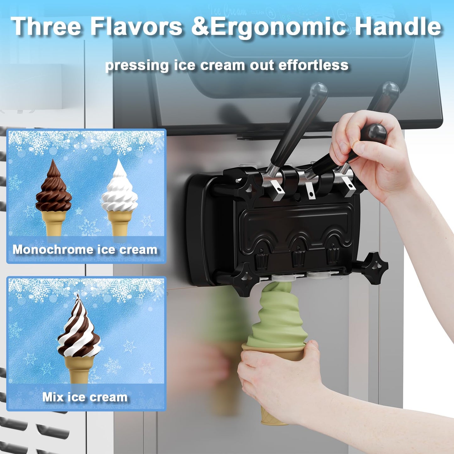 PioneerWorks Commercial Ice Cream Machine, 20-28L/H Yield, 2200W 7L X 2 Capacity, LCD Display, Auto Clean Adjustable Hardness 3 Flavor for Restaurant Snack Bars