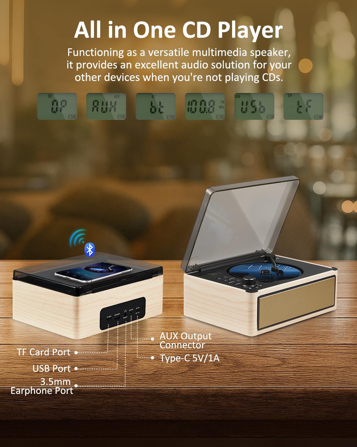 Gelielim Retro CD Player Boombox, Desktop CD Player with Bluetooth in/Out, Rechargeable Battery, HiFi Speakers, Wooden