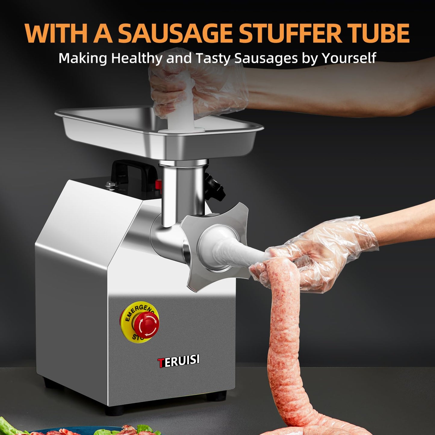 TERUISI Commercial Meat Grinder Heavy Duty, 1100W Electric Stainless Steel Meat Grinding Machine with 6/8mm Grinding Plates & Stuffing Tubes, Sausage Maker Meat Mincer 110V 350LBS/H