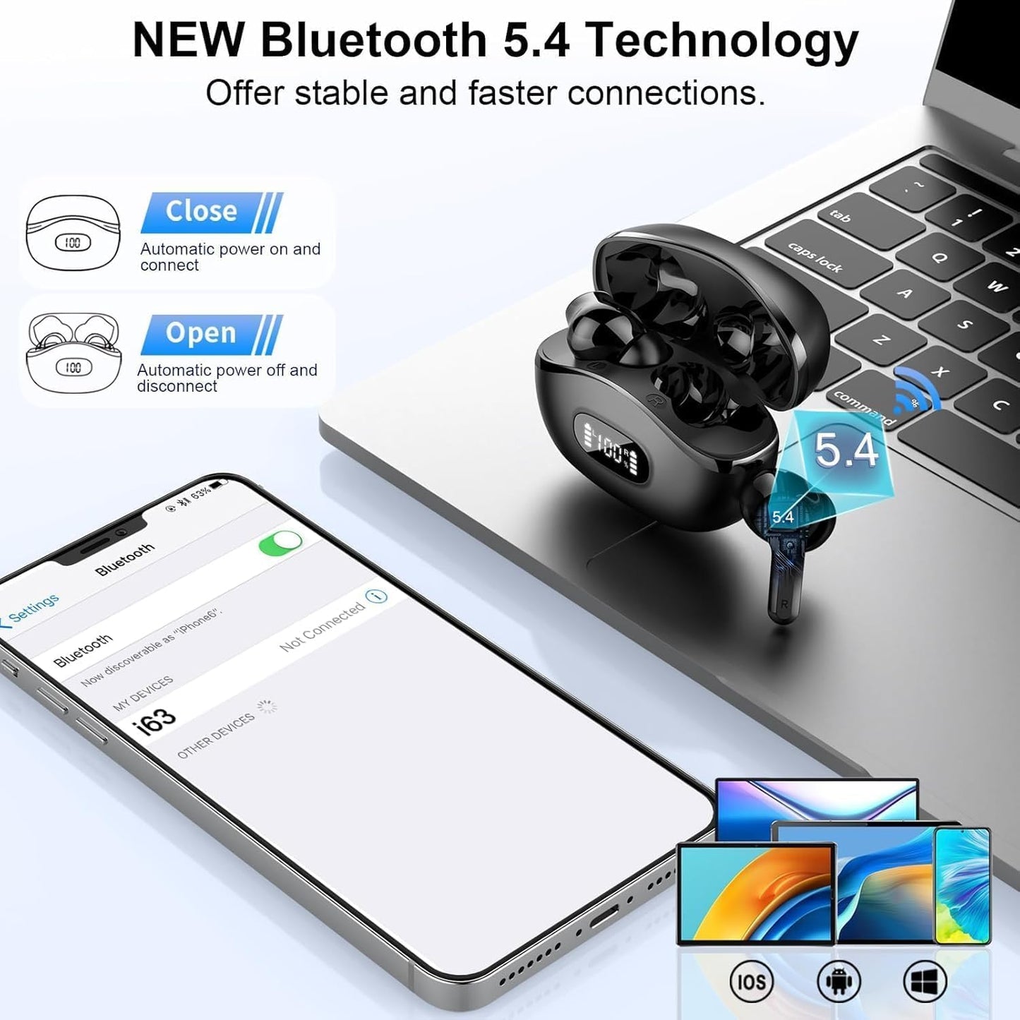 5.4 4 48H IP7 Wireless Earbuds, Bluetooth Headphones HiFi Stereo, Ear Buds with ENC Noise Cancelling Mics, Bluetooth