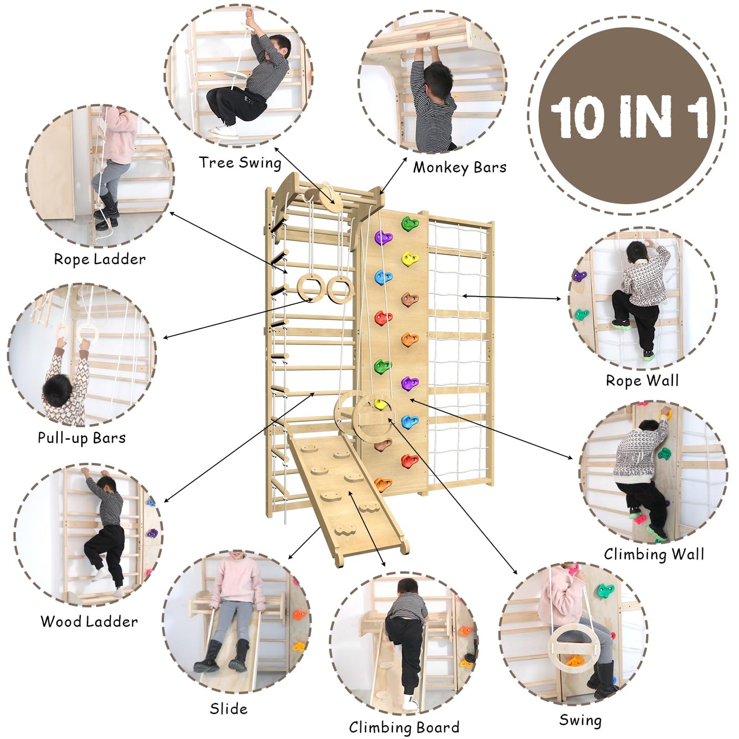 Upgraded Extra-Large Size 94.5inch Height 10-in-1 Swedish Ladder Gym Set, Home Playground with Swing, Rope Ladder, Pull-Up Bar, Slide and Rock Climbing Wall for Kids and Adults