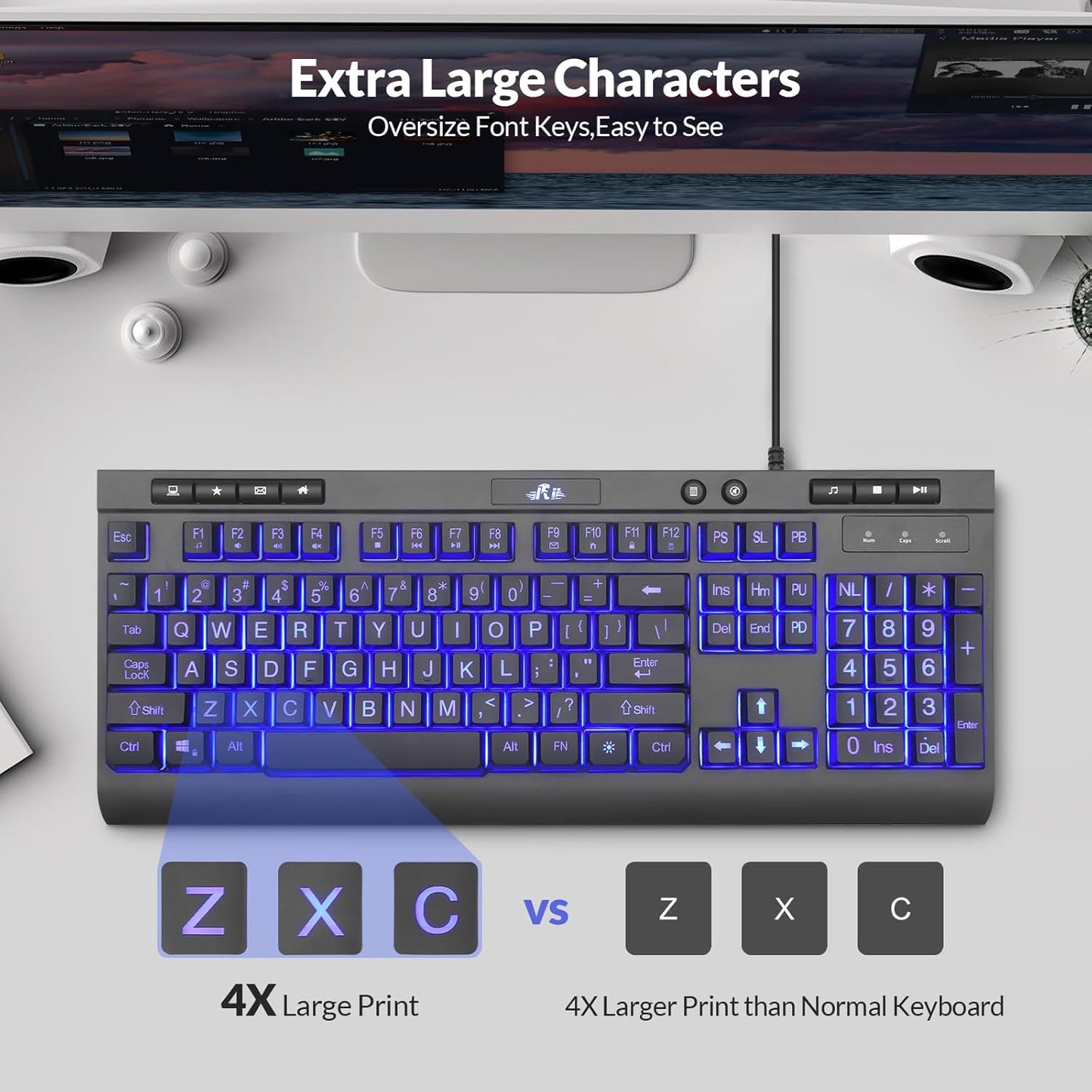 Rii RK900Pro Large Print Backlit Keyboard,Wired USB Full Size Computer Keyboard with Blue Backlight, Compatible