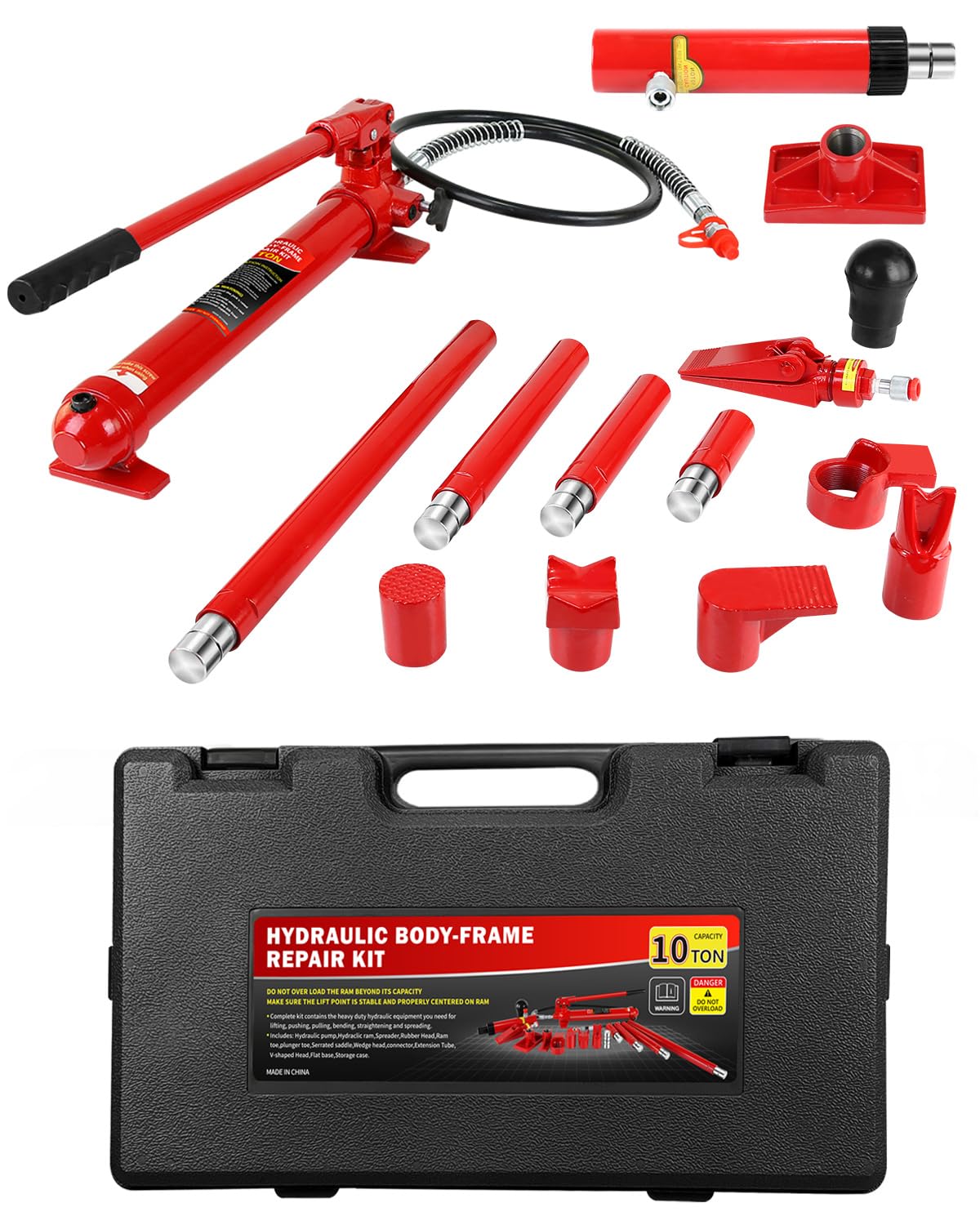 10 Ton Porta Power Hydraulic Jack Kit, 20000 LBS Heavy Duty Portable Hydraulic Ram Set with 17 Pcs Accessories & Carrying Case, for Auto Truck Farm Equipment Repair, Max Lift 5.1 Inch – Red