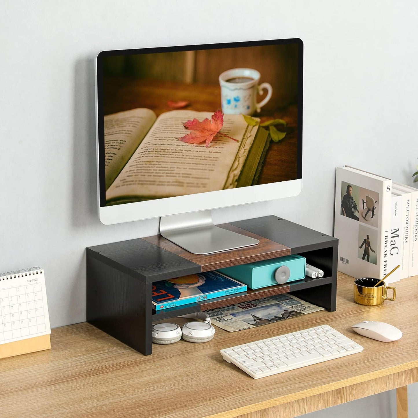 2 20 Inch 2 TEAMIX Tiers Desktop Monitor Stand Riser Printer Stand with Storage Small TV Riser Laptop Wooden Desk